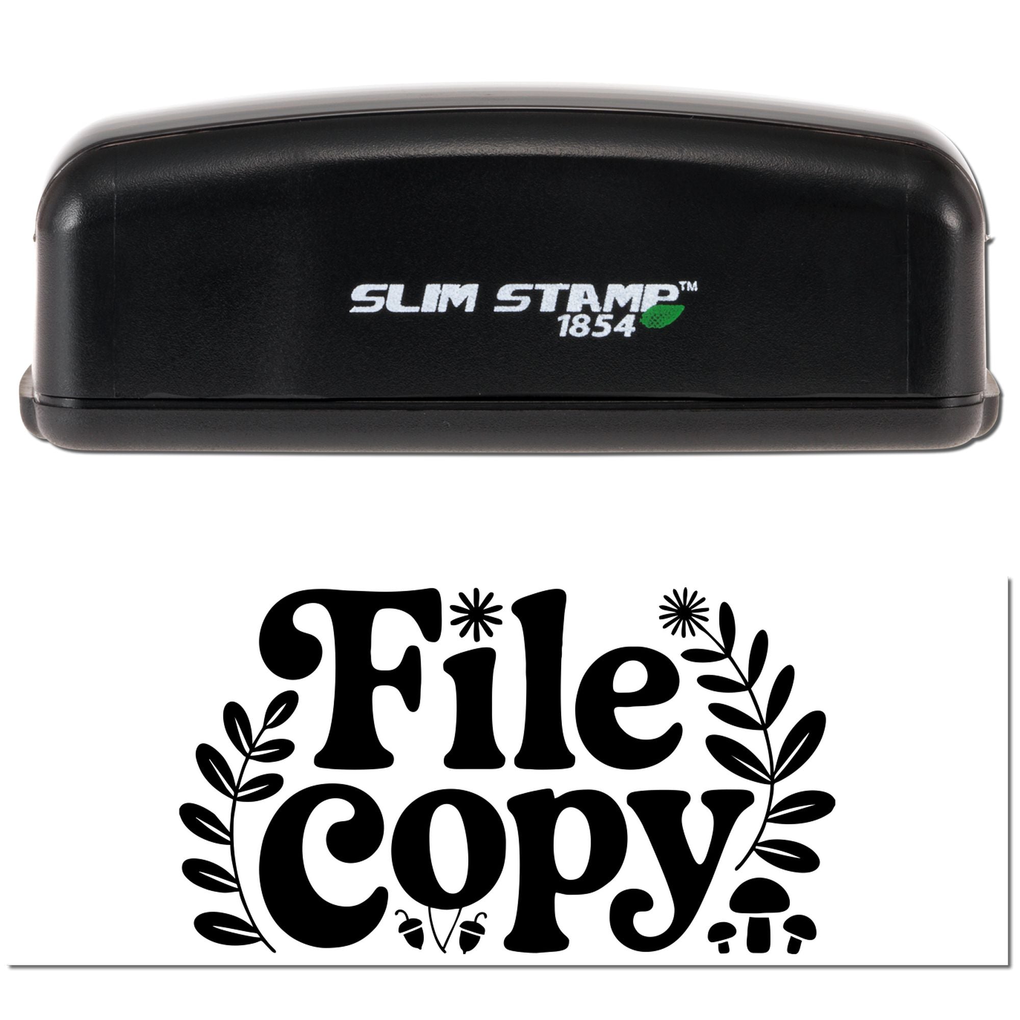 Slim Stamp 1854 self-inking rubber stamp showing File Copy office marking with decorative leaf design.