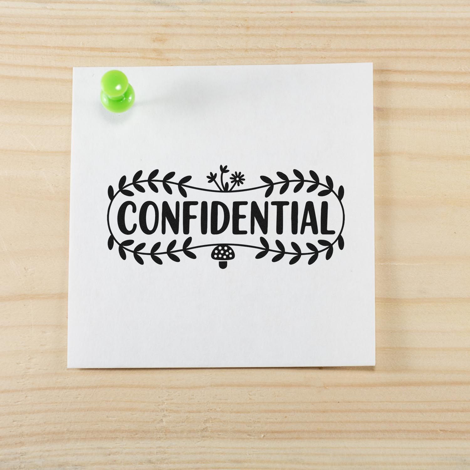 Confidential rubber stamp with floral border on pinned paper, ideal for office document security and labeling.