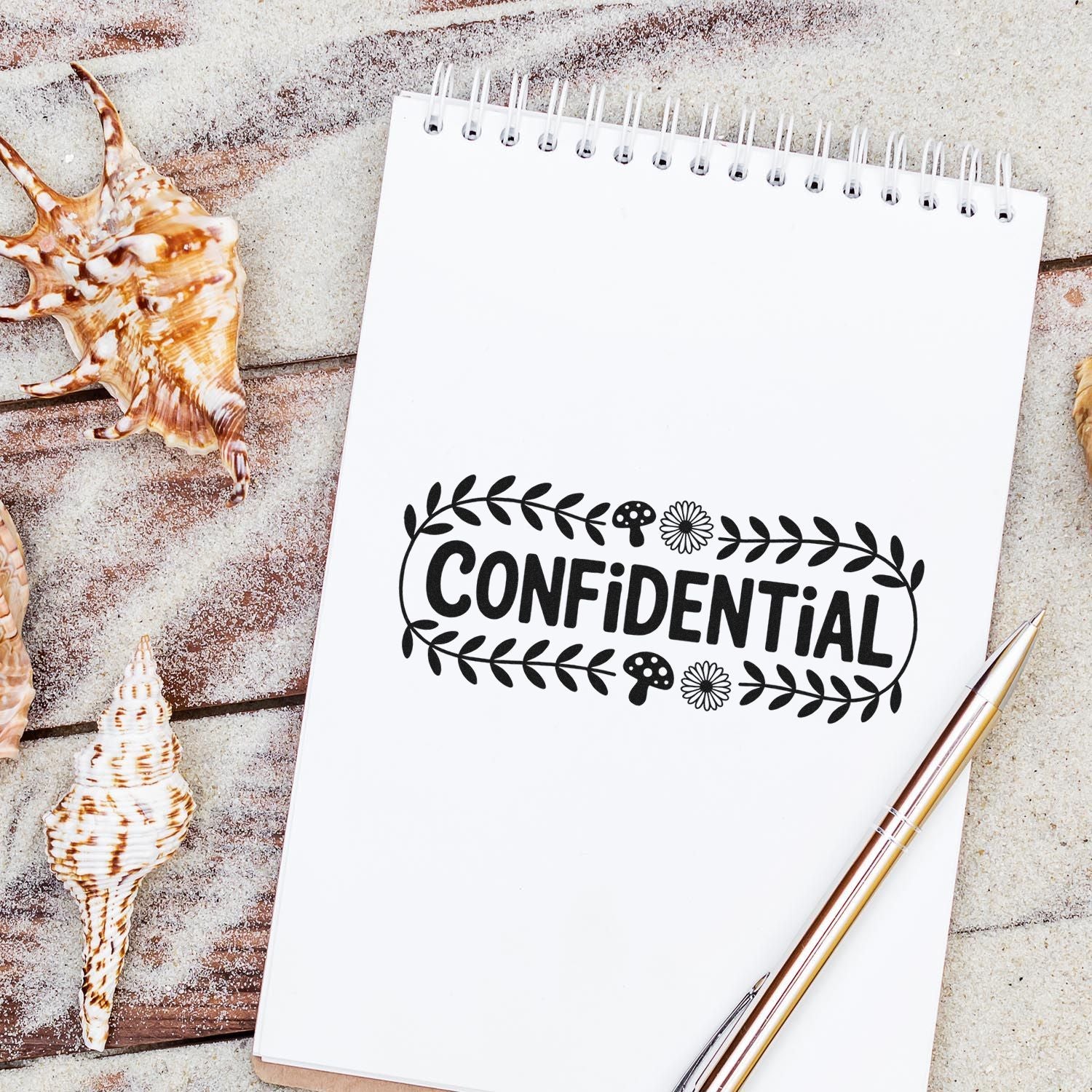 Confidential floral rubber stamp on notebook, perfect for office paperwork, planners, and handmade stationery.