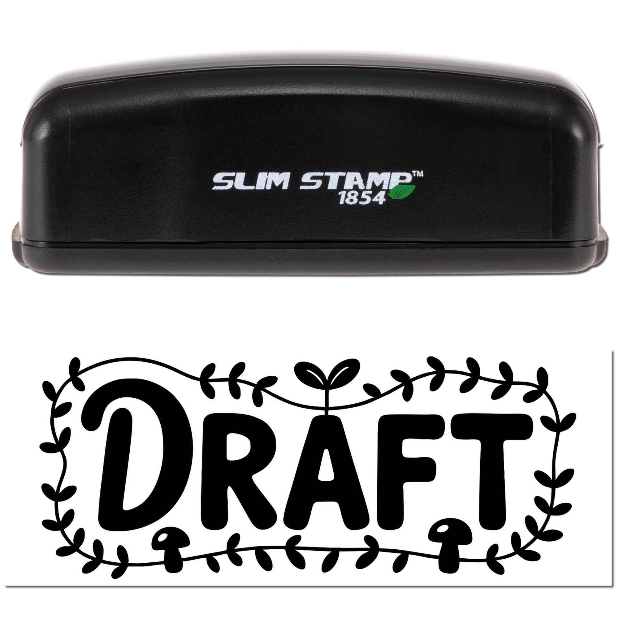 Slim Stamp 1854 rubber stamp with DRAFT botanical border, ideal for marking documents, drafts, and office paperwork.