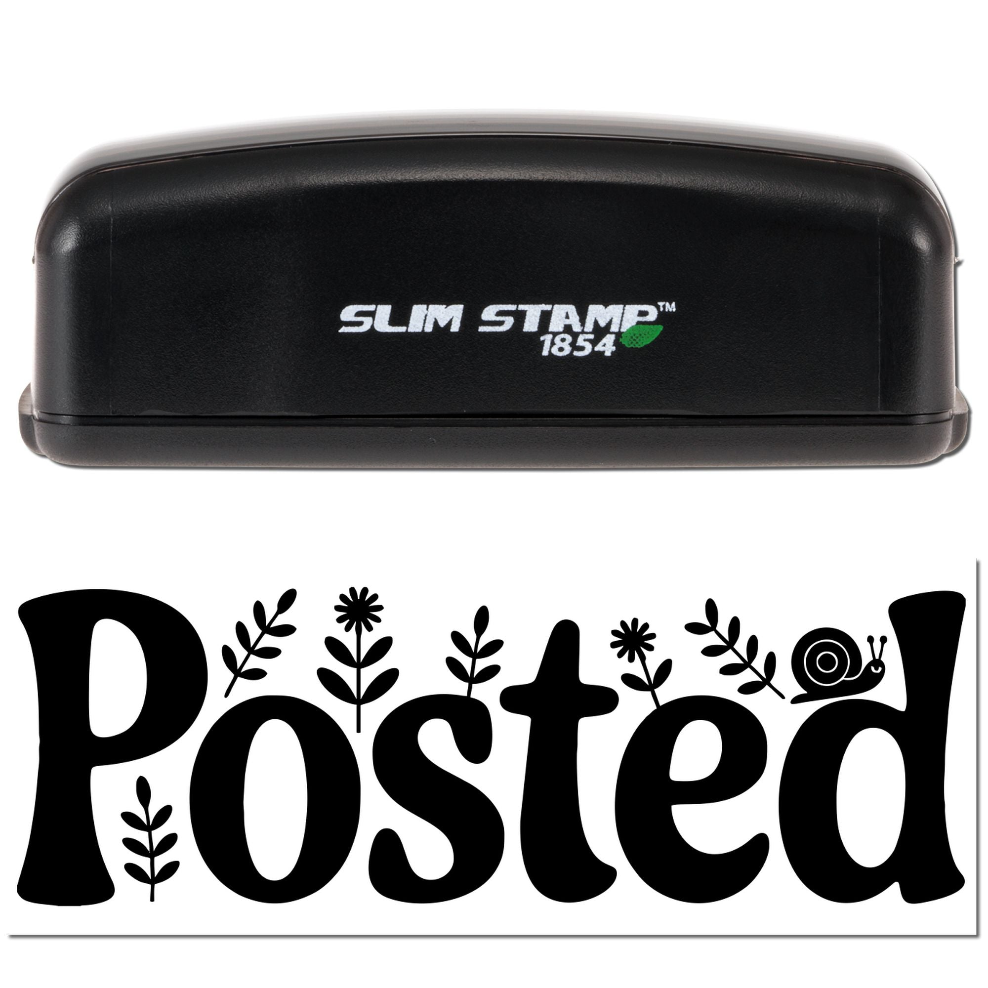 Slim Stamp 1854 self-inking rubber stamp with decorative Posted design for custom mail, packaging, and branding.