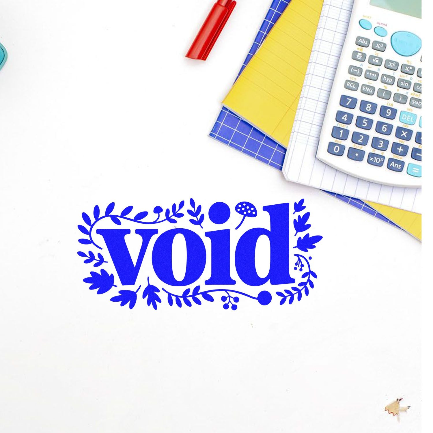 Blue void rubber stamp design with floral border for marking cancelled documents, invoices, and office paperwork.