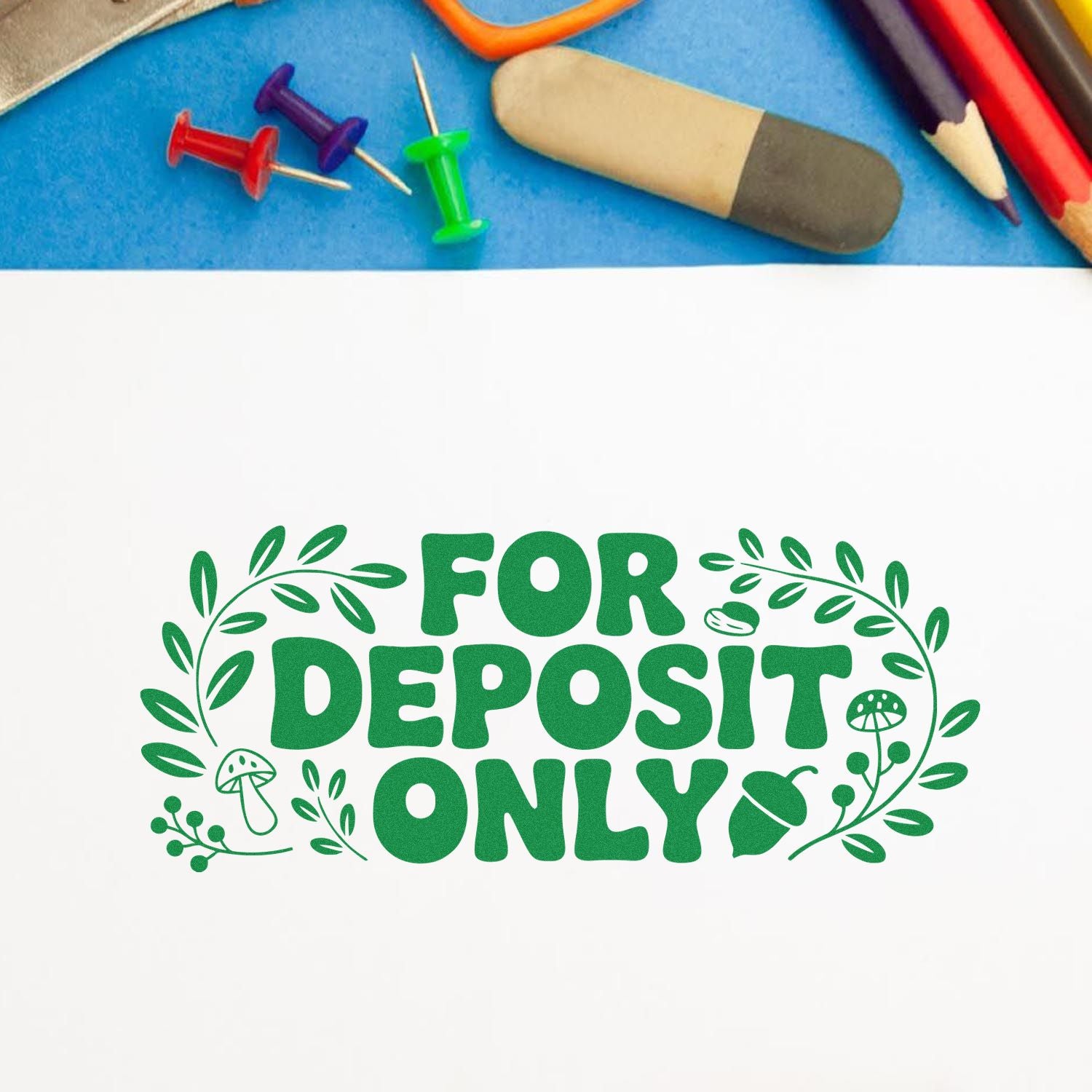 For Deposit Only rubber stamp design with leafy border and mushroom accents on white paper.