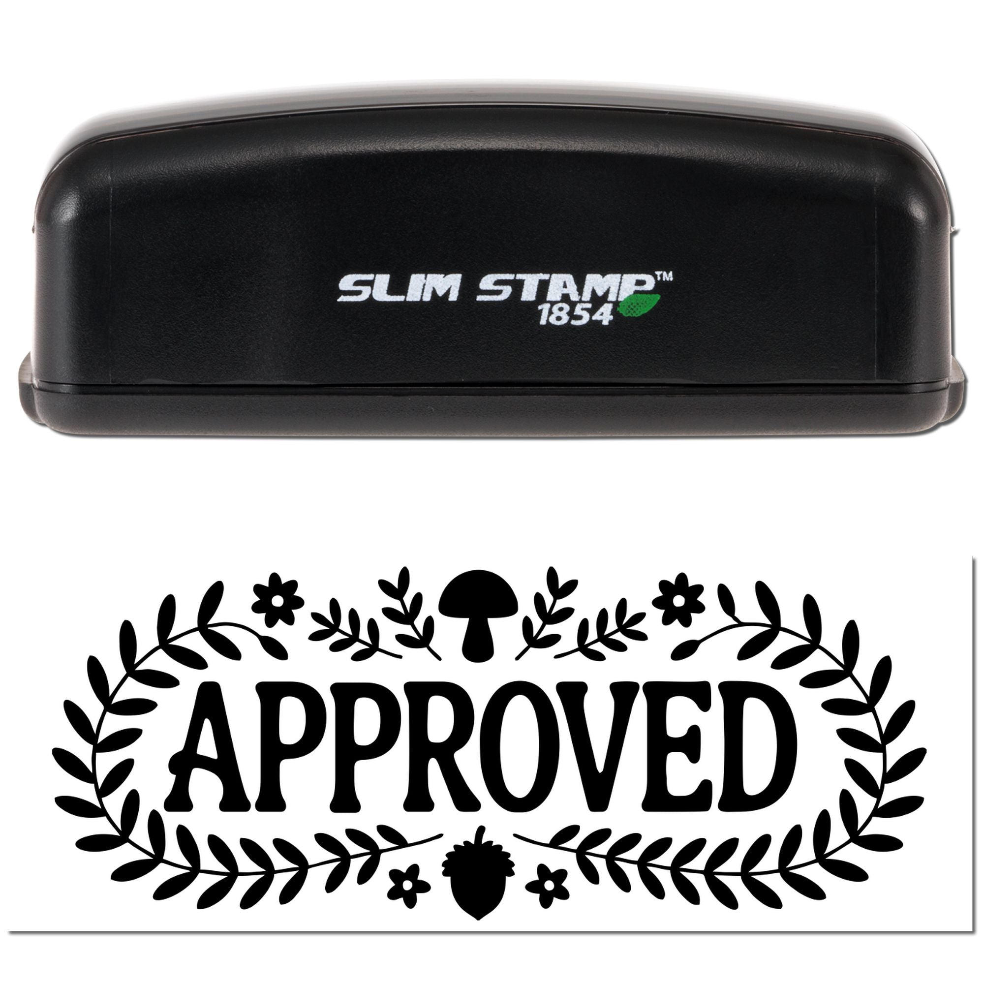 Slim Stamp 1854 rubber stamp with decorative Approved design for office documents, crafts, and stationery.