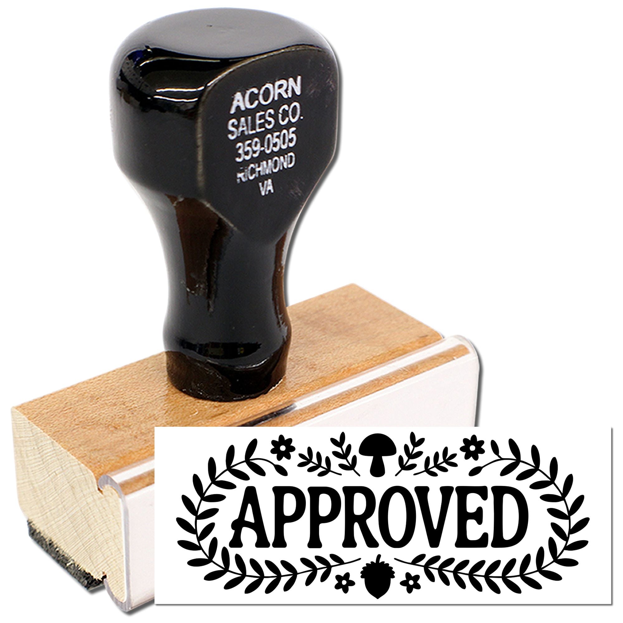 Custom approved rubber stamp with wood handle, ideal for office document approval and business use.