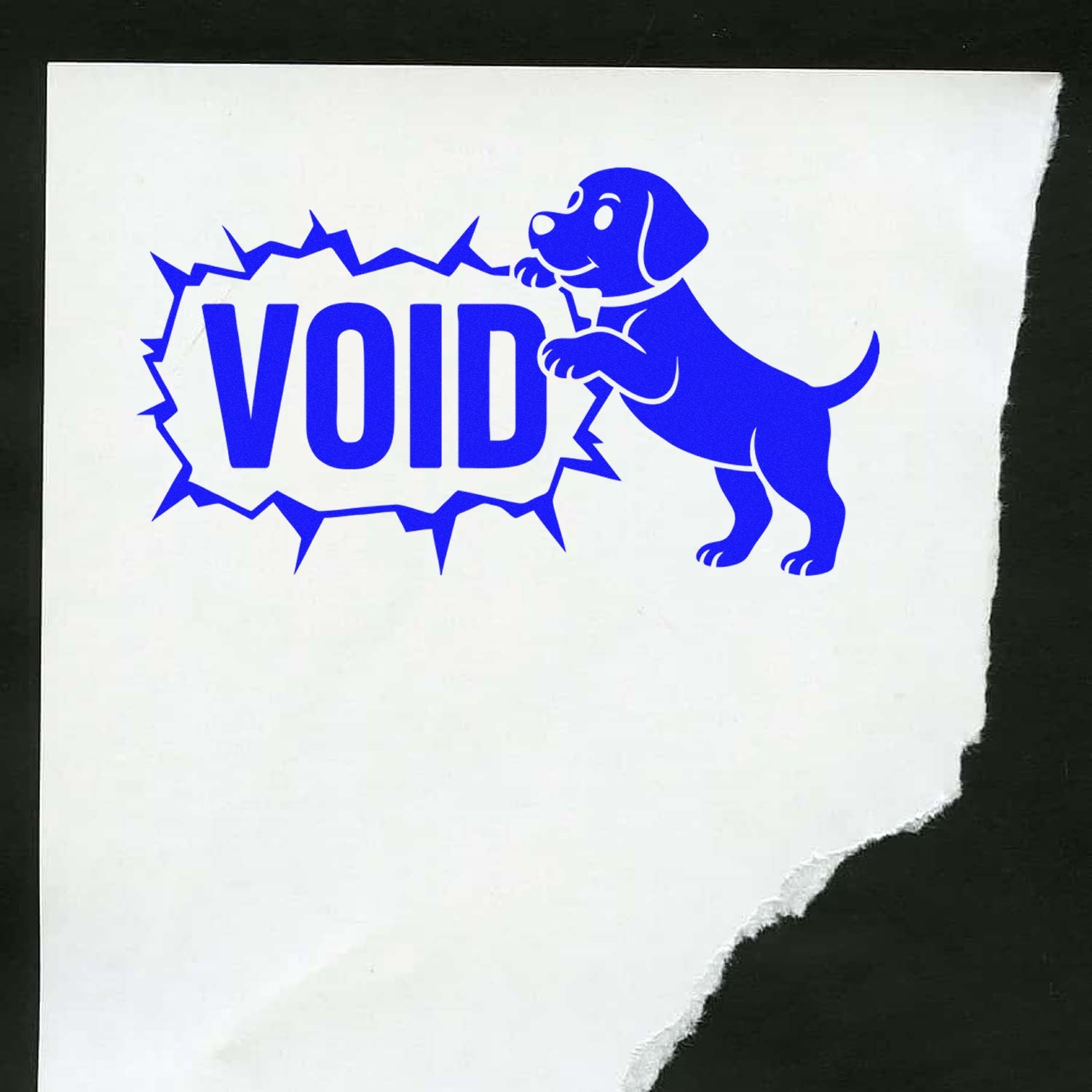 VOID rubber stamp design with cartoon dog and cracked burst outline on white paper