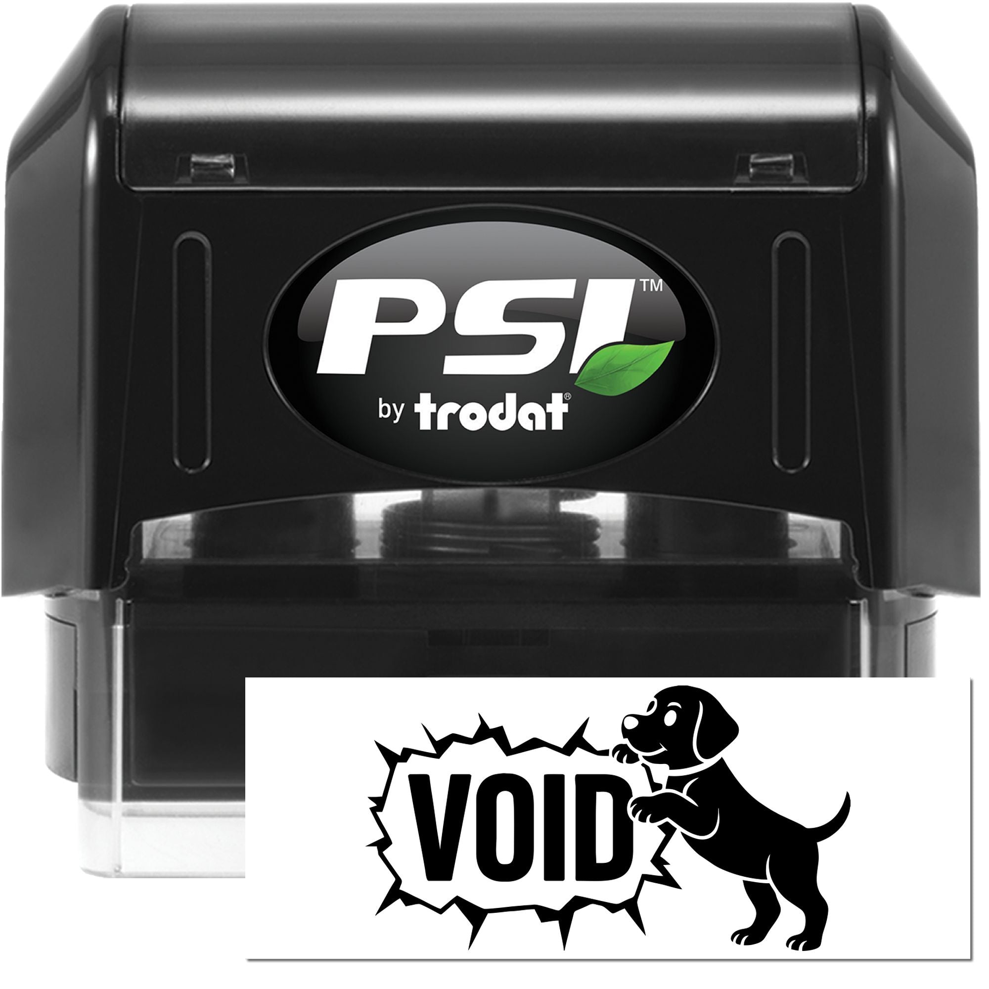 PSI by Trodat self-inking rubber stamp with VOID imprint and dog graphic for marking documents.
