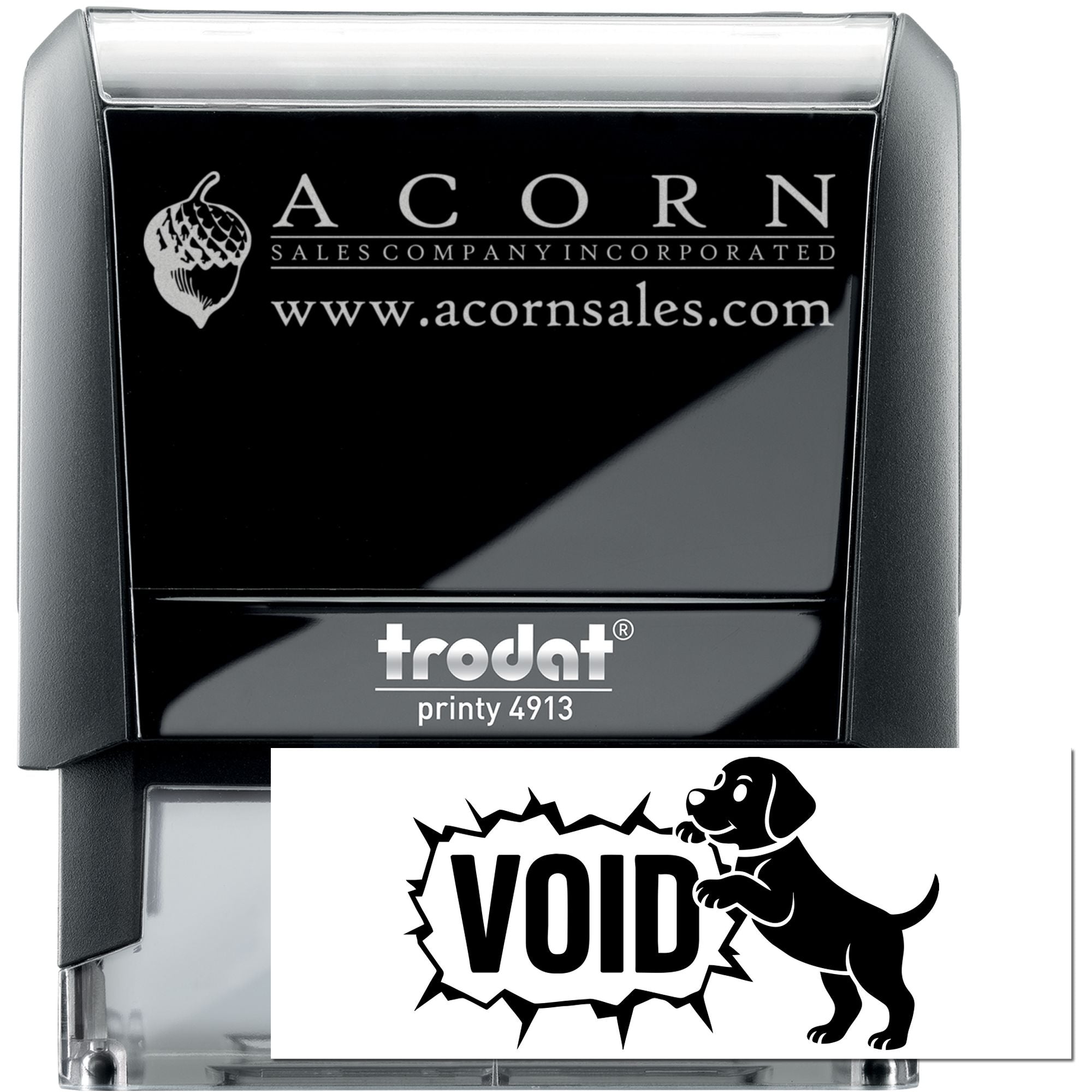 Custom self-inking rubber stamp, Trodat Printy 4913, with VOID dog graphic for secure document marking.