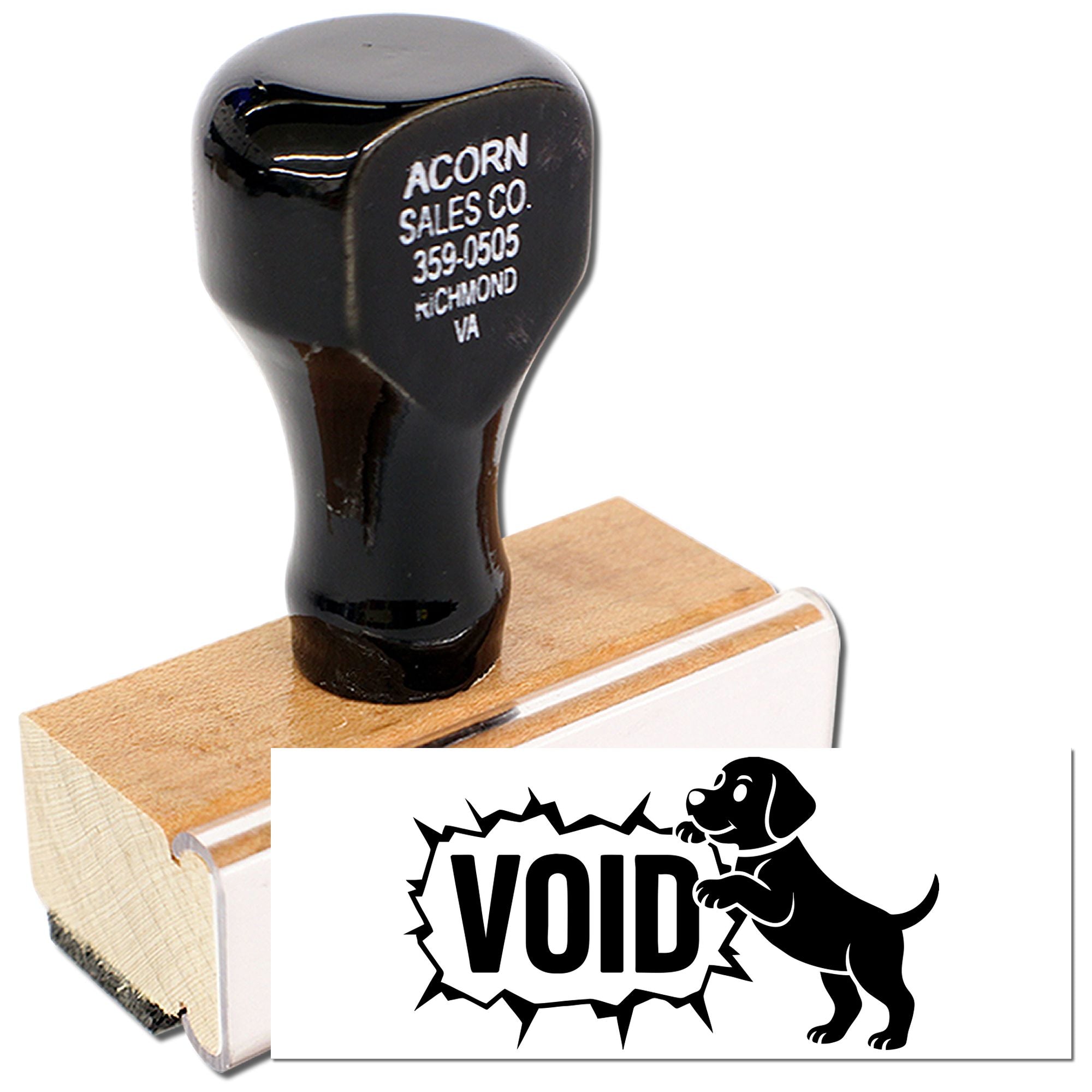 Custom wood handle rubber stamp with business address and VOID dog graphic for document marking.