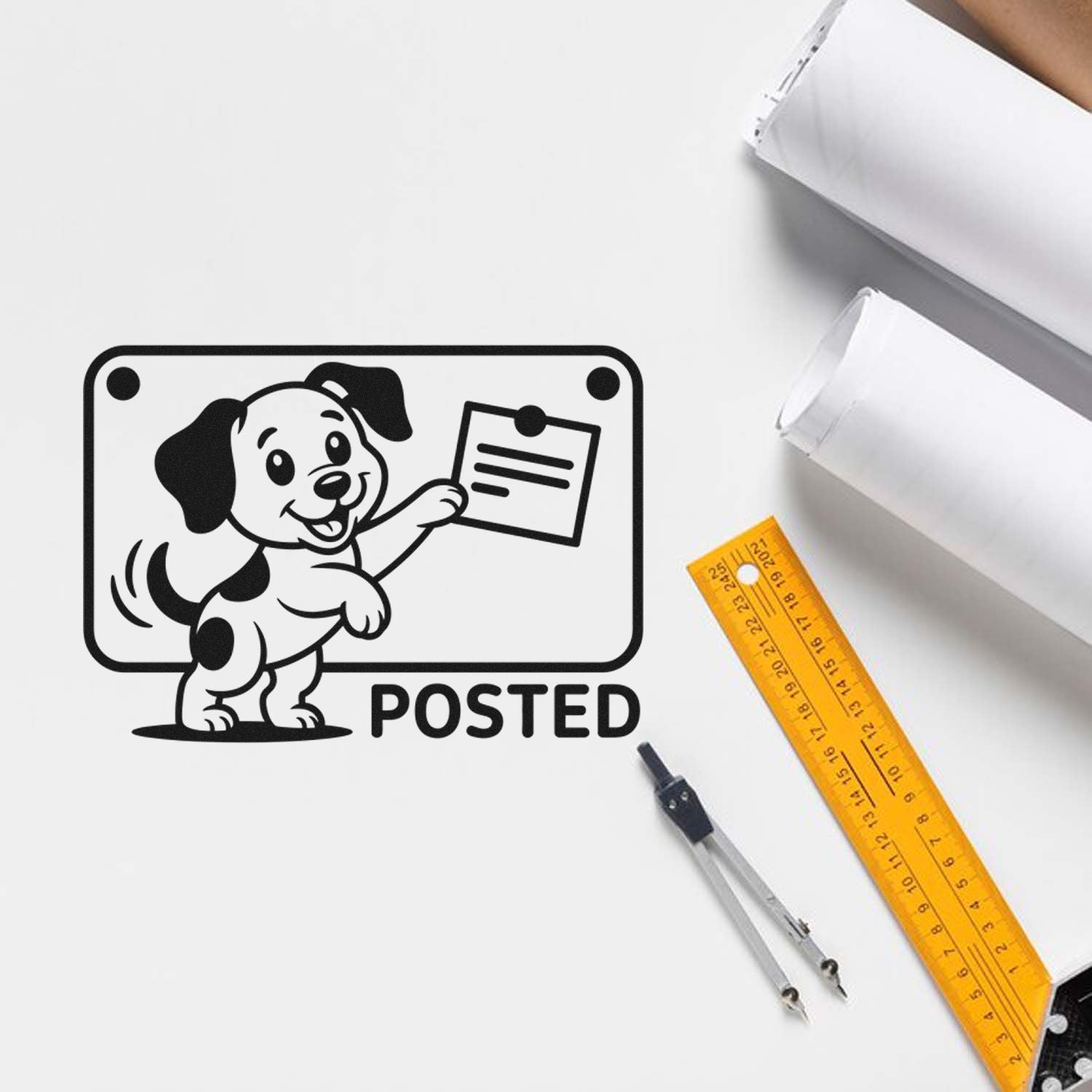 Posted rubber stamp design featuring a cartoon dog holding a note, ideal for office mail, packaging, and custom pet stamps.