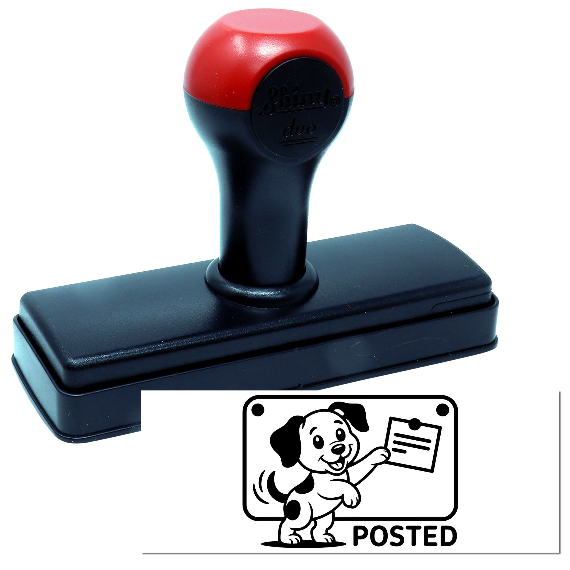 Self-inking rubber stamp with red and black handle, showing a dog POSTED imprint for mail and office use.