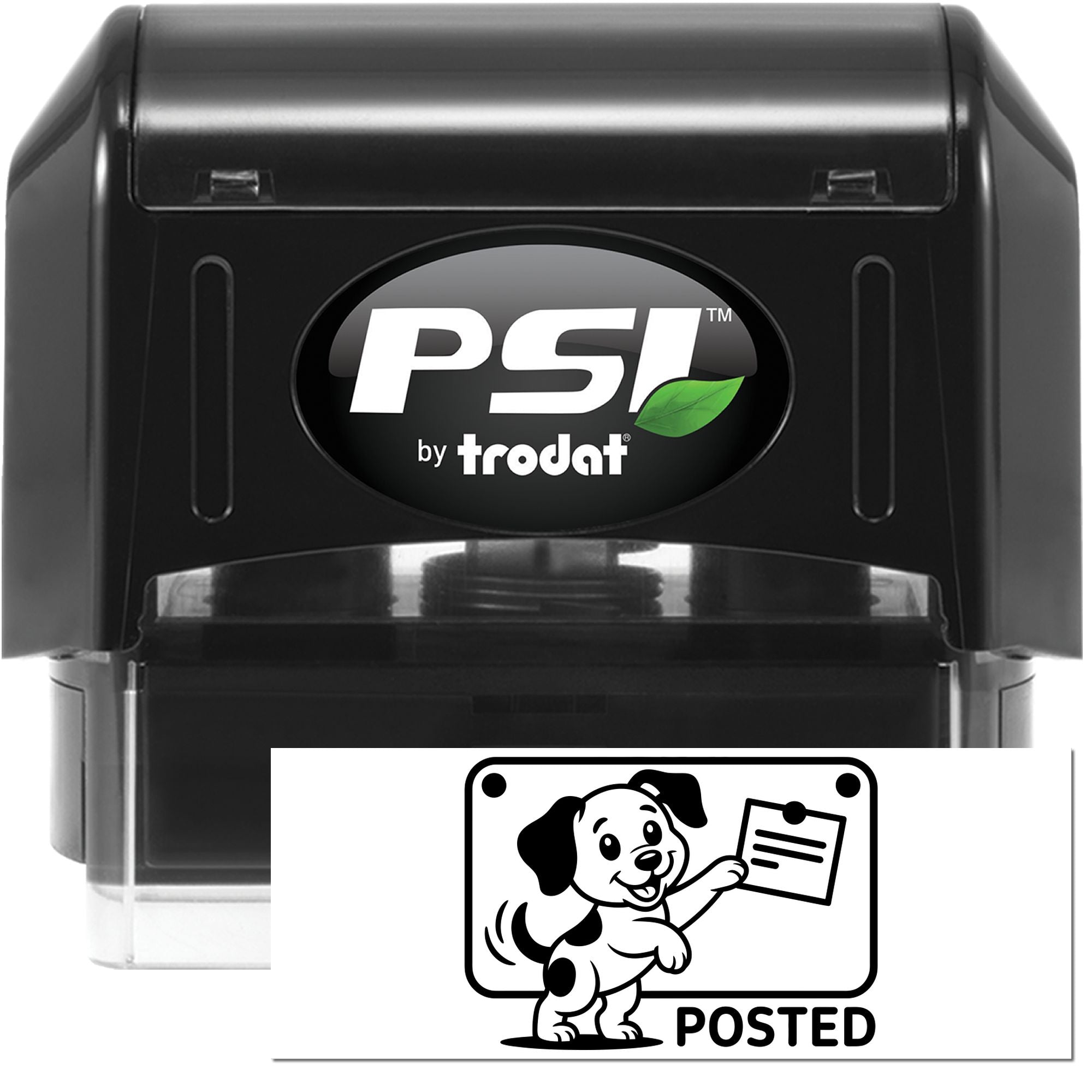 PSI by Trodat self-inking rubber stamp with Posted dog design for marking mail, documents, and office notices.