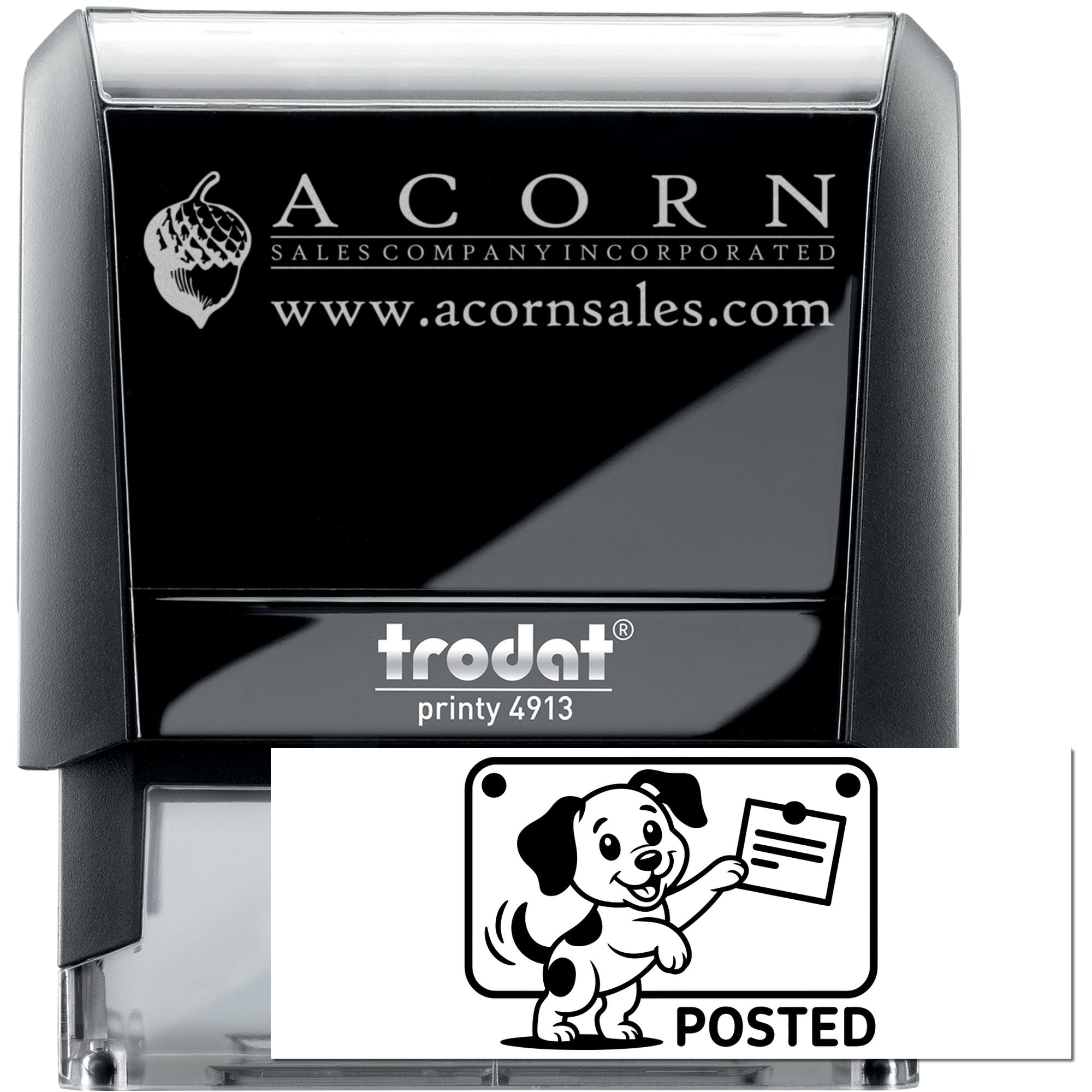 Custom self-inking rubber stamp, Trodat Printy 4913, showing Acorn Sales Company logo and Posted sample imprint