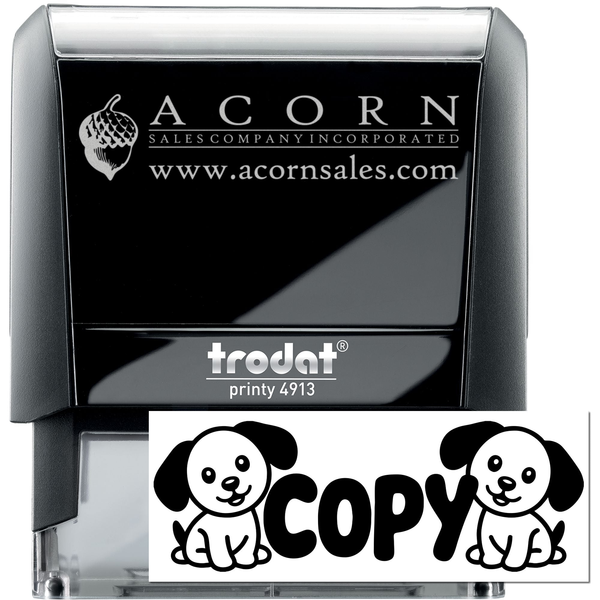 Custom self-inking rubber stamp with Acorn Sales logo and website, Trodat Printy 4913 for business branding.
