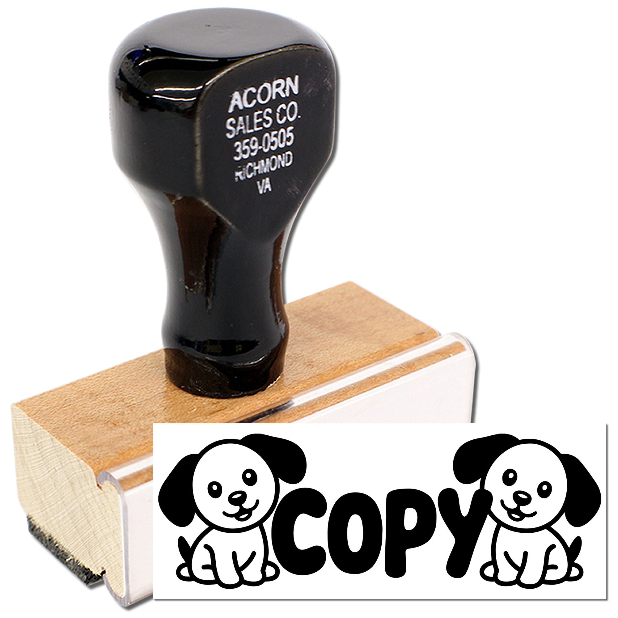 Custom wooden rubber stamp with address text and COPY puppy design for office documents and business branding.