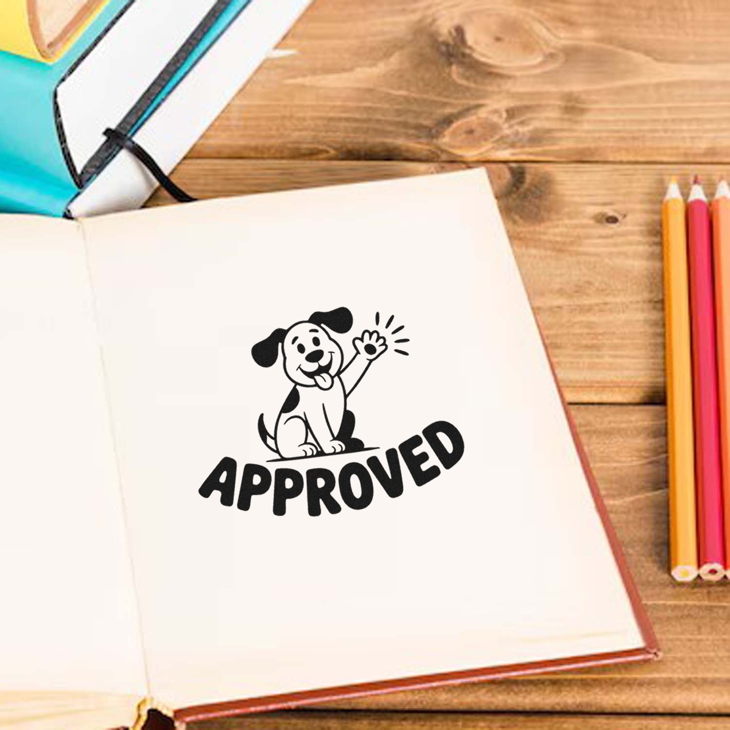 Approved rubber stamp design with smiling dog icon on notebook, ideal for custom pet-themed stamps.