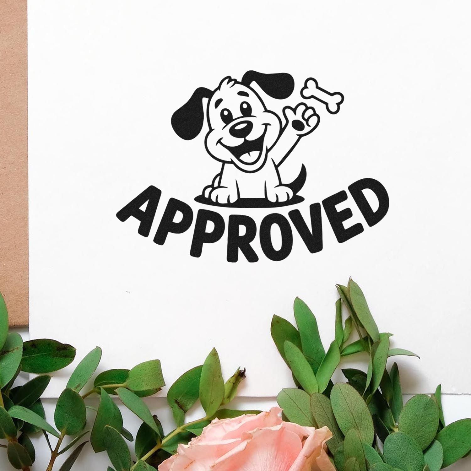 Approved rubber stamp with playful dog and bone design for pet-themed offices, teachers, and business use.
