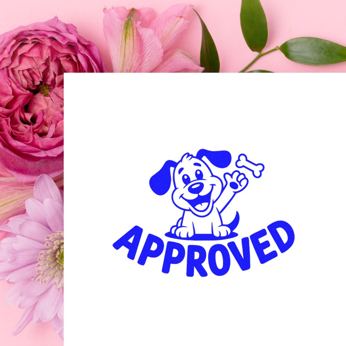 Blue approved dog rubber stamp with smiling puppy and bone icon for pet-themed crafts, paperwork, and business approval.