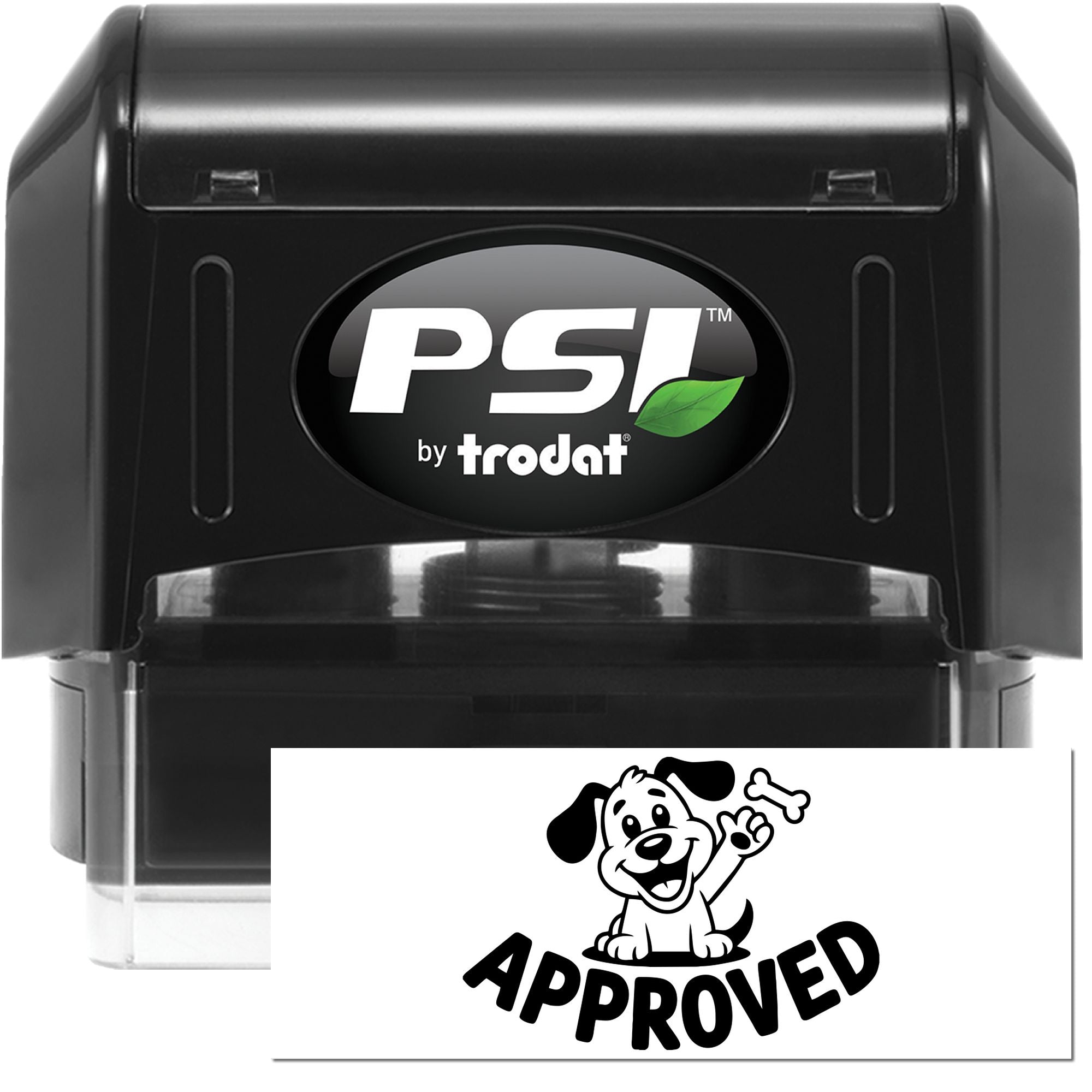PSI by Trodat self-inking rubber stamp with Approved dog design for quick pet business or office approval marking.