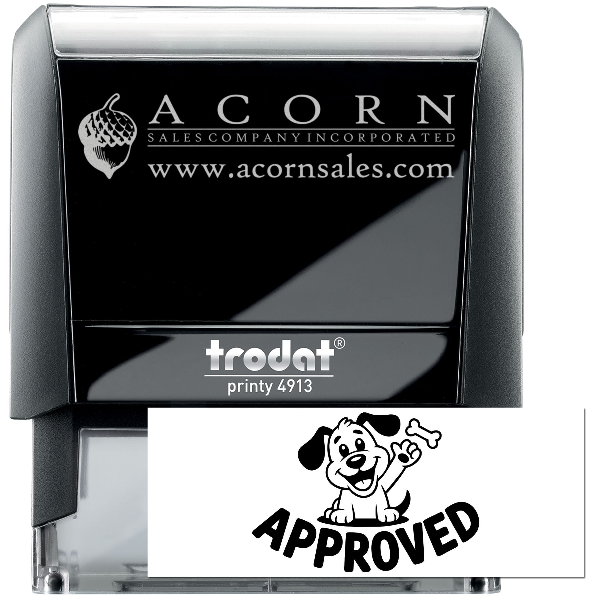 Custom self-inking rubber stamp example with business logo and approved dog stamp design, Trodat Printy 4913.