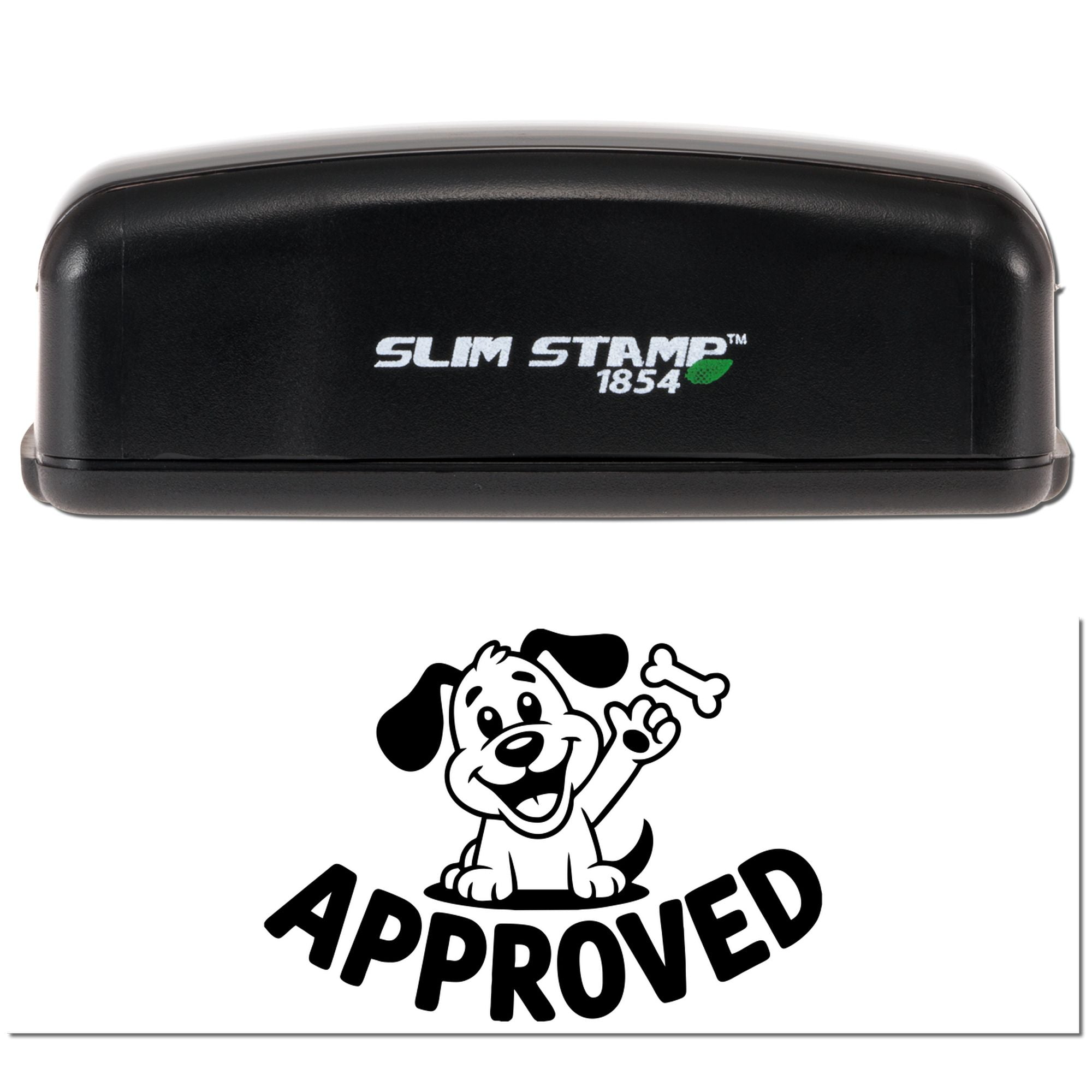 Slim Stamp 1854 self-inking rubber stamp with Approved dog design for office document approval.