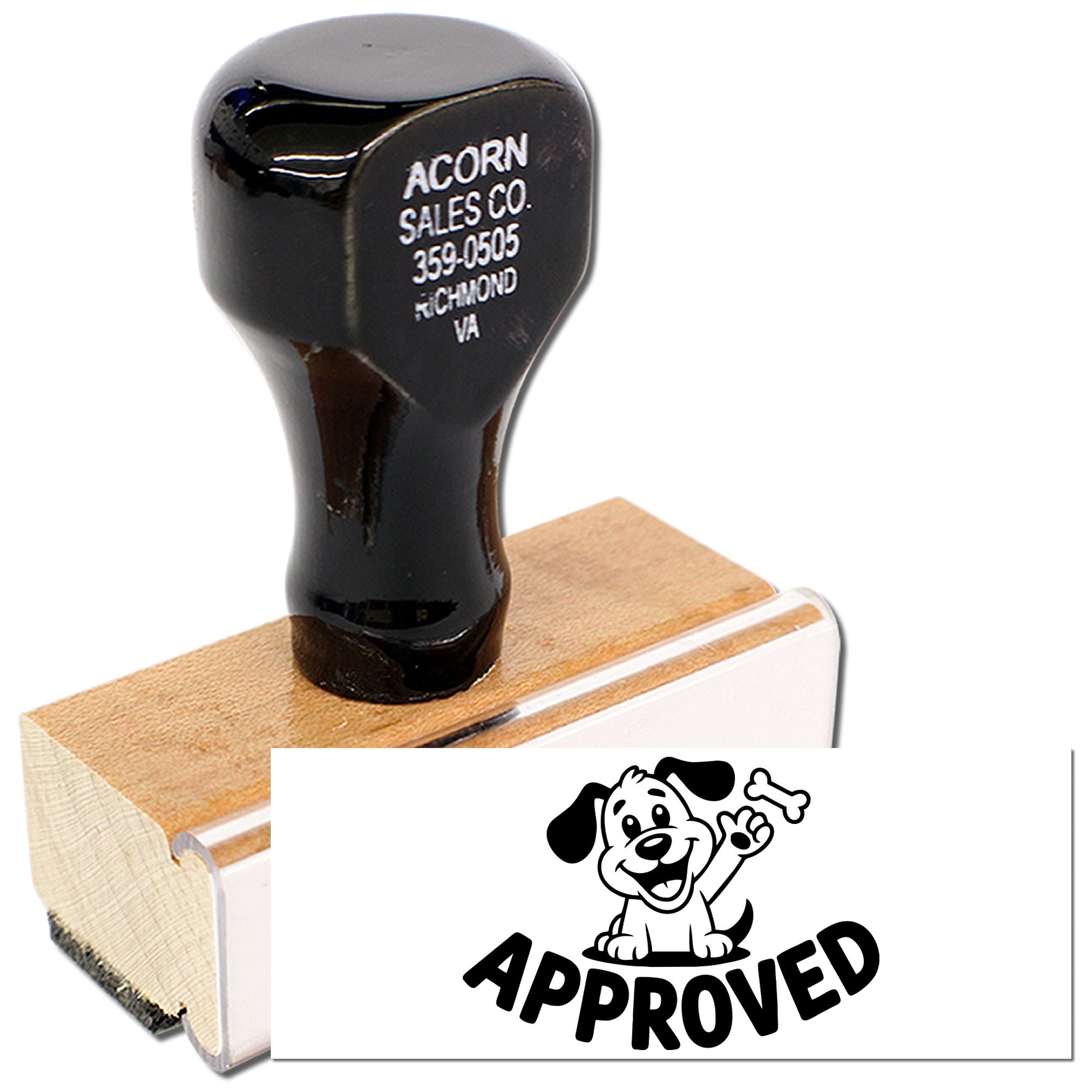 Custom rubber stamp with Approved dog logo, ideal for business branding and office document approvals.