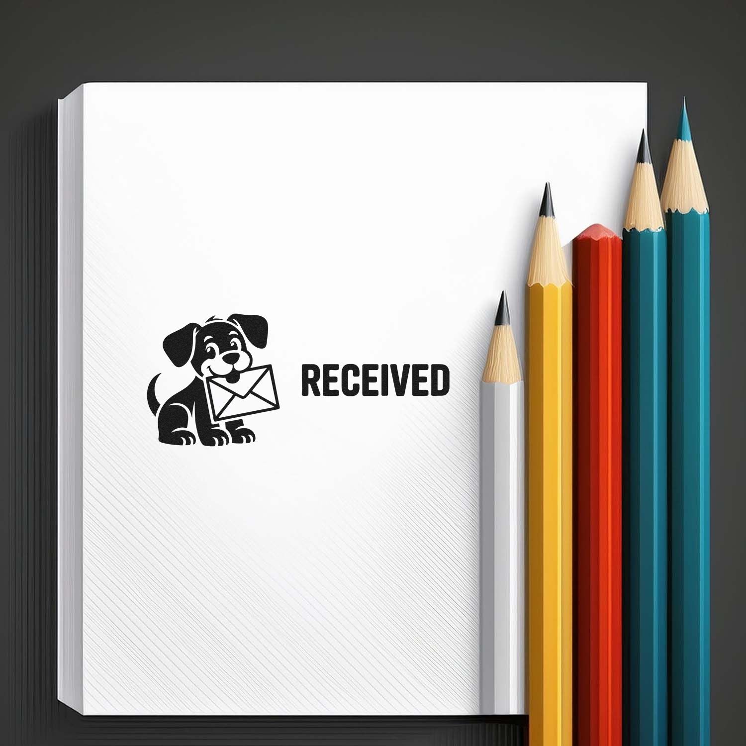 Custom Received rubber stamp with dog and envelope on notebook page, ideal for office mail and document marking.
