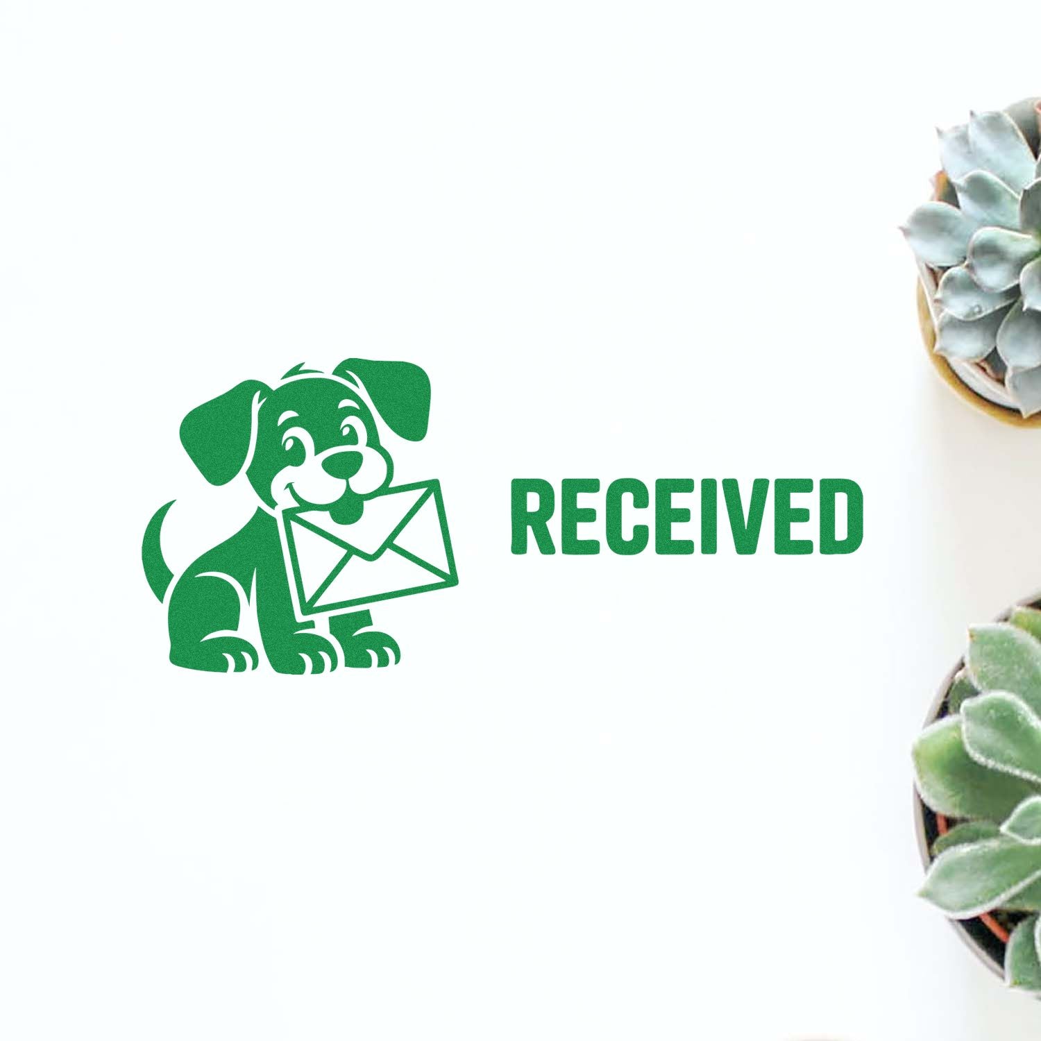 Green dog Received rubber stamp for mail, document processing, and office organization.