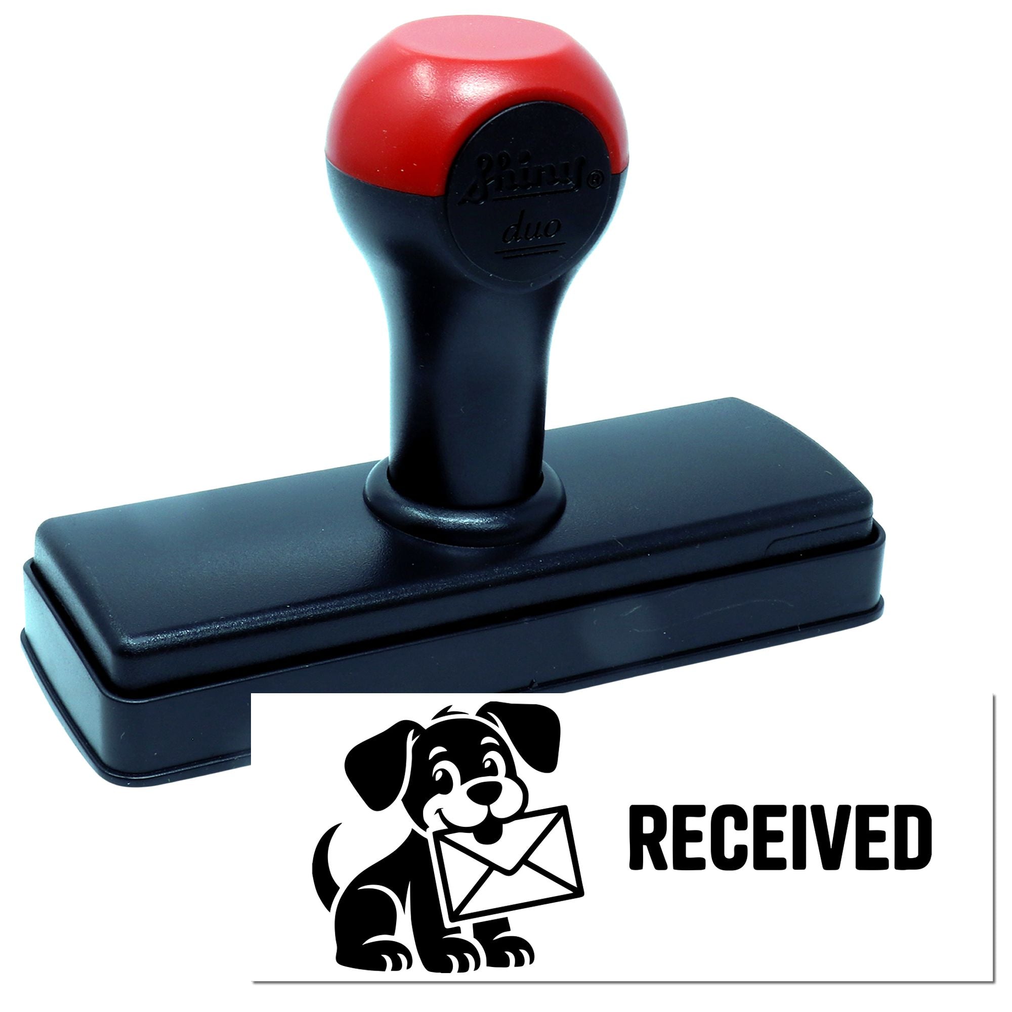 Self-inking rubber stamp with Received dog and envelope design for mail, office, and document processing.