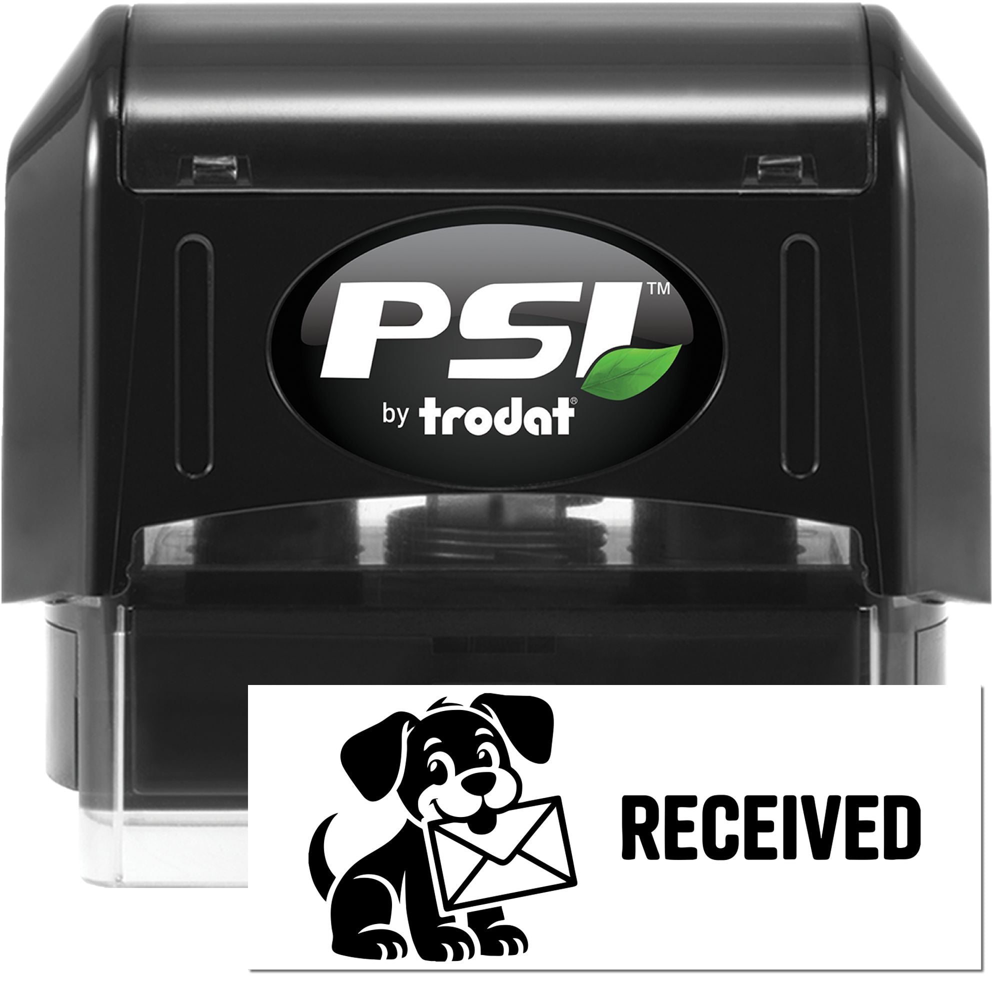 PSI by Trodat self-inking rubber stamp with RECEIVED dog mail icon for office mail and document processing.