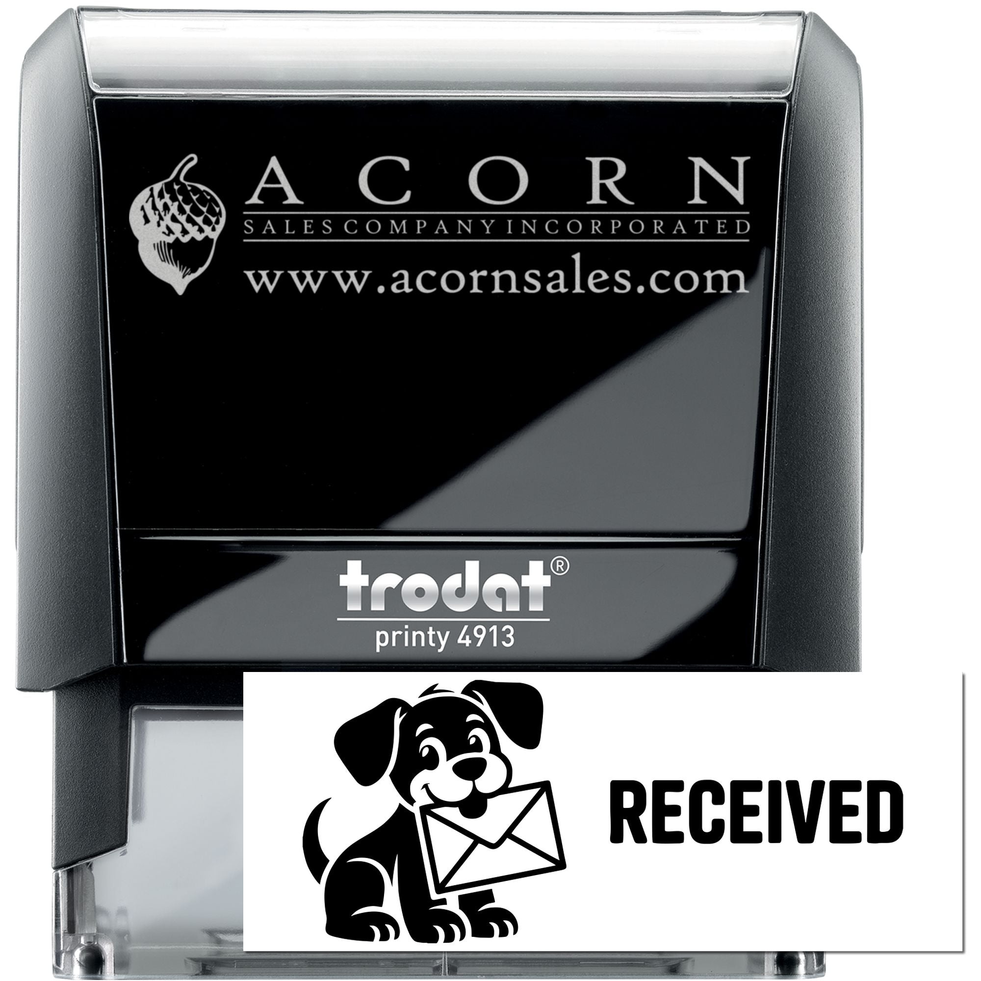 Custom self-inking rubber stamp Trodat Printy 4913 featuring Acorn Sales logo and Received mail imprint