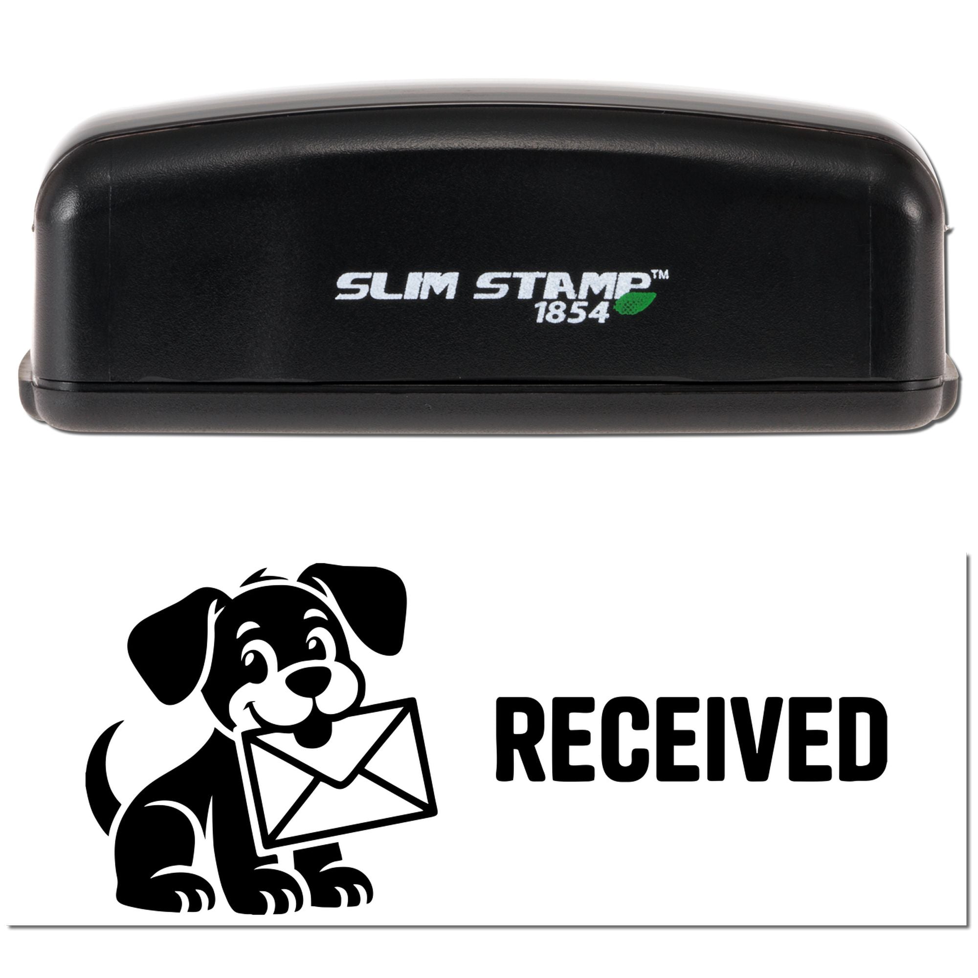 Slim Stamp self-inking rubber stamp with Received dog and envelope design for mail processing and office use.