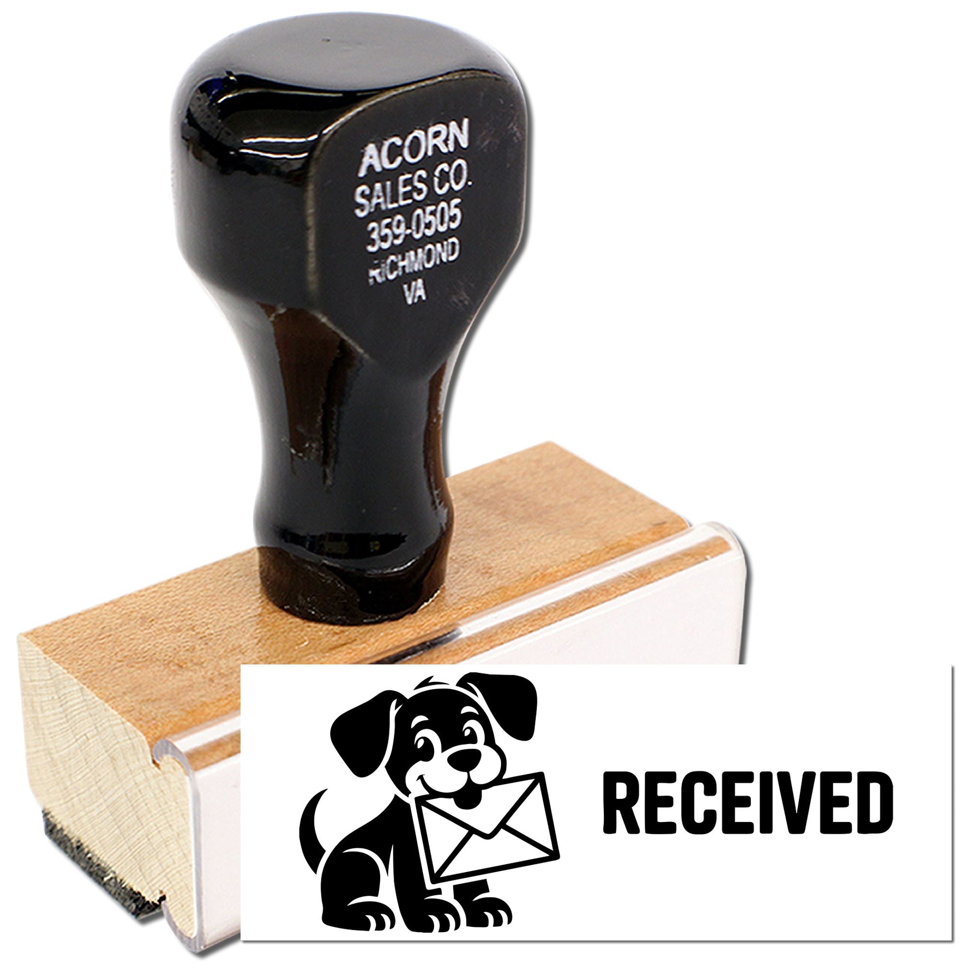 Custom wood handle rubber stamp with RECEIVED dog mail logo for business document approval and office use.