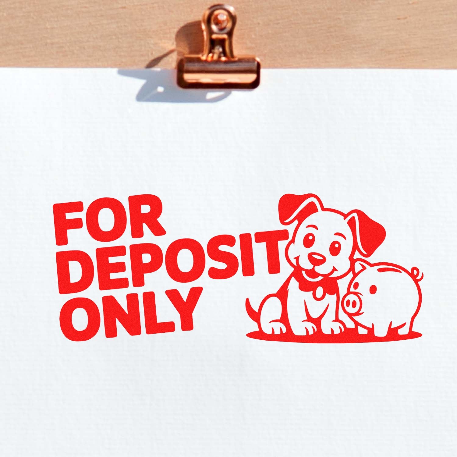 For Deposit Only rubber stamp imprint with dog and pig graphic on a clipboard, ideal for banking and check endorsement.