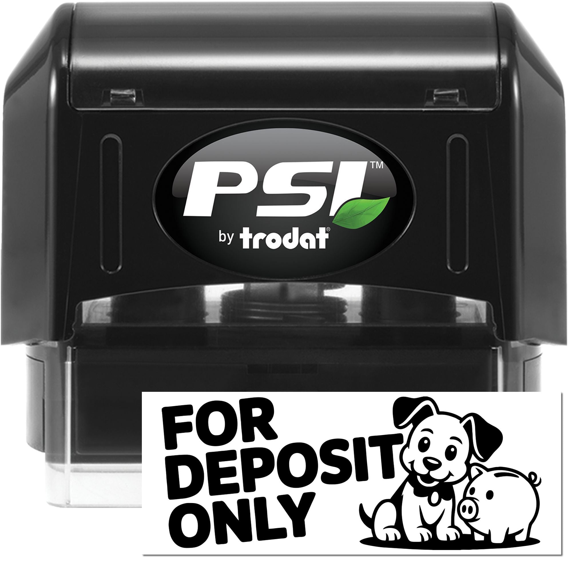 PSI by Trodat self-inking rubber stamp with For Deposit Only imprint for bank endorsement and deposit processing.