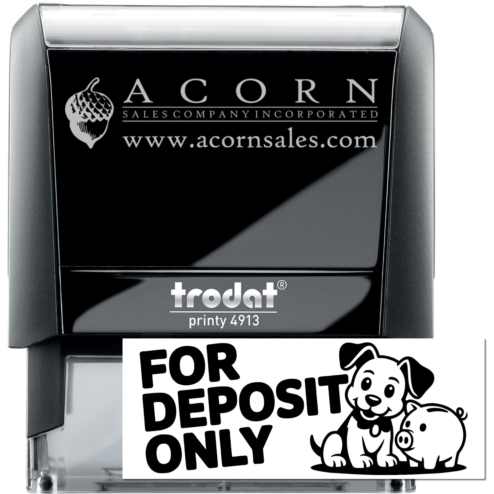 Self-inking custom rubber stamp, Trodat Printy 4913, with Acorn Sales logo and For Deposit Only imprint example