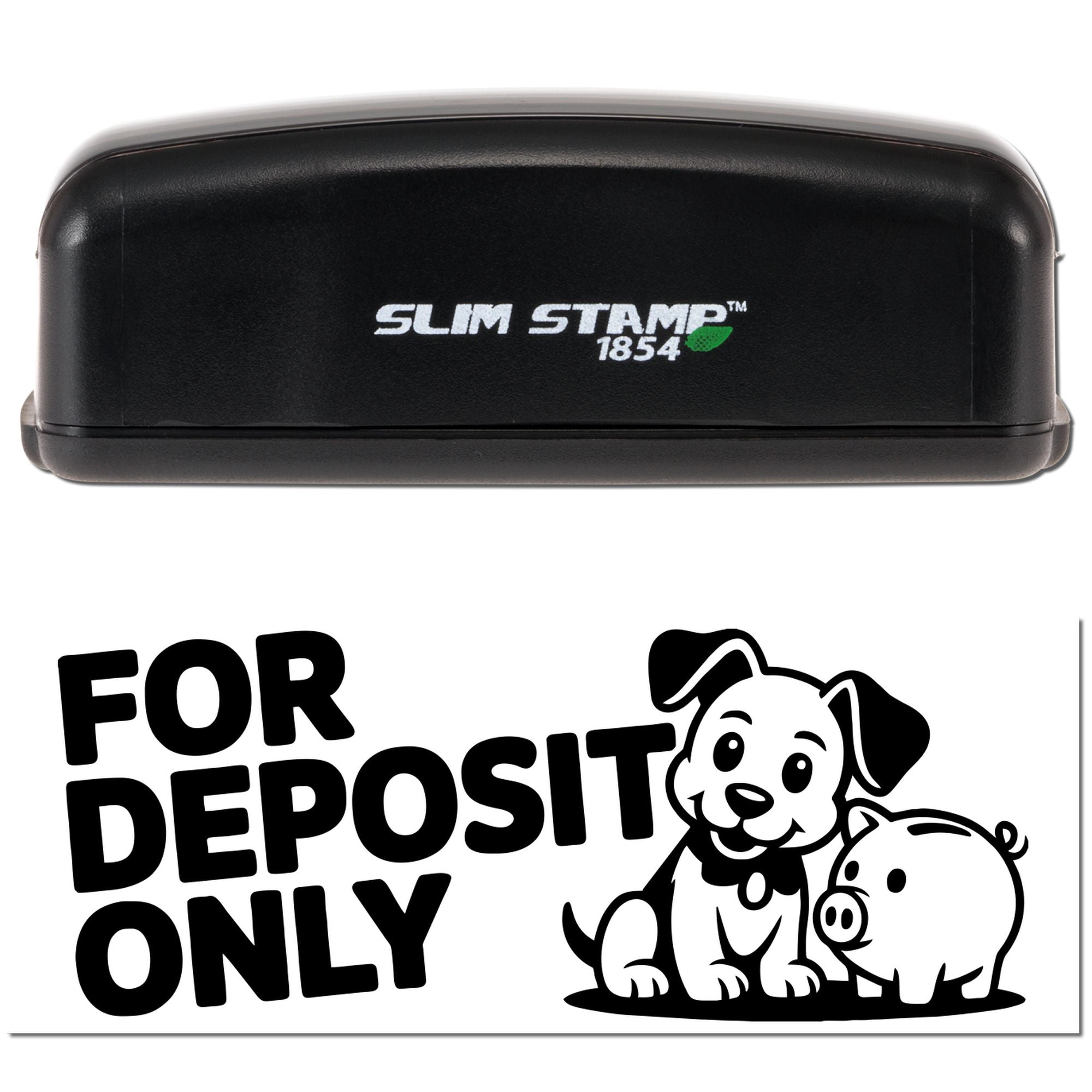 SLIM STAMP 1854 rubber stamp with For Deposit Only design, dog and piggy bank for bank deposit use