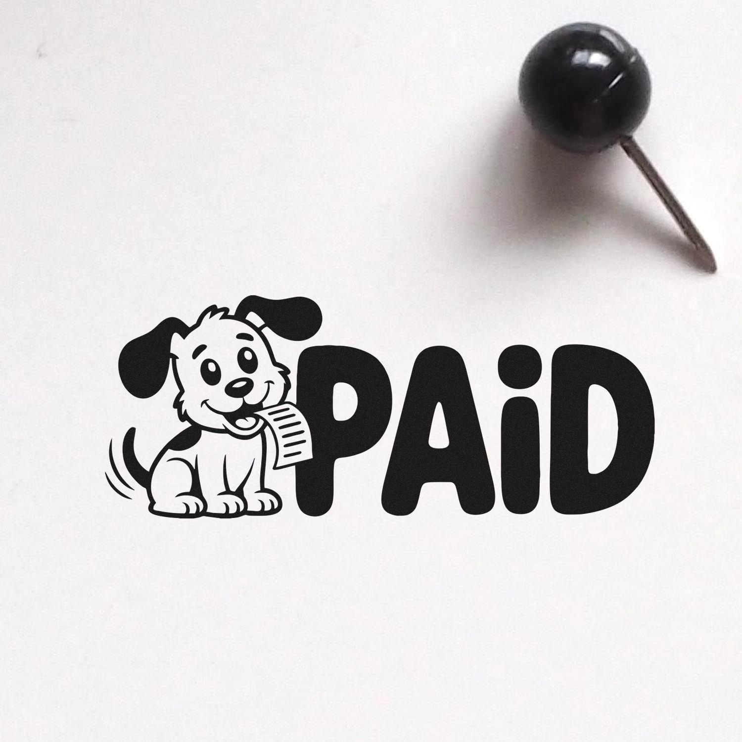 PAID rubber stamp with dog mascot design for invoices, receipts, and office accounting use