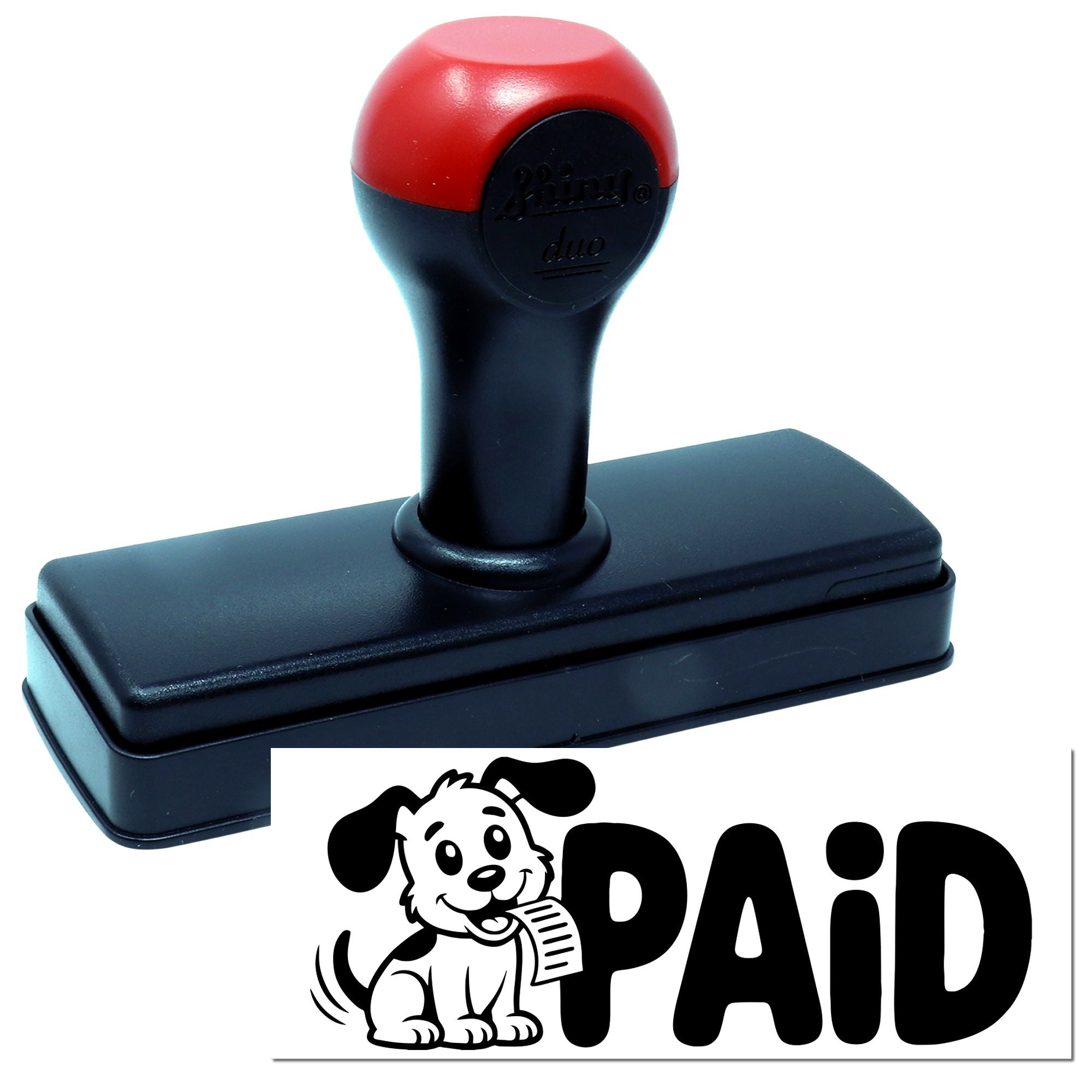 Self-inking PAID rubber stamp with dog logo, ideal for office billing, invoices, and bookkeeping.
