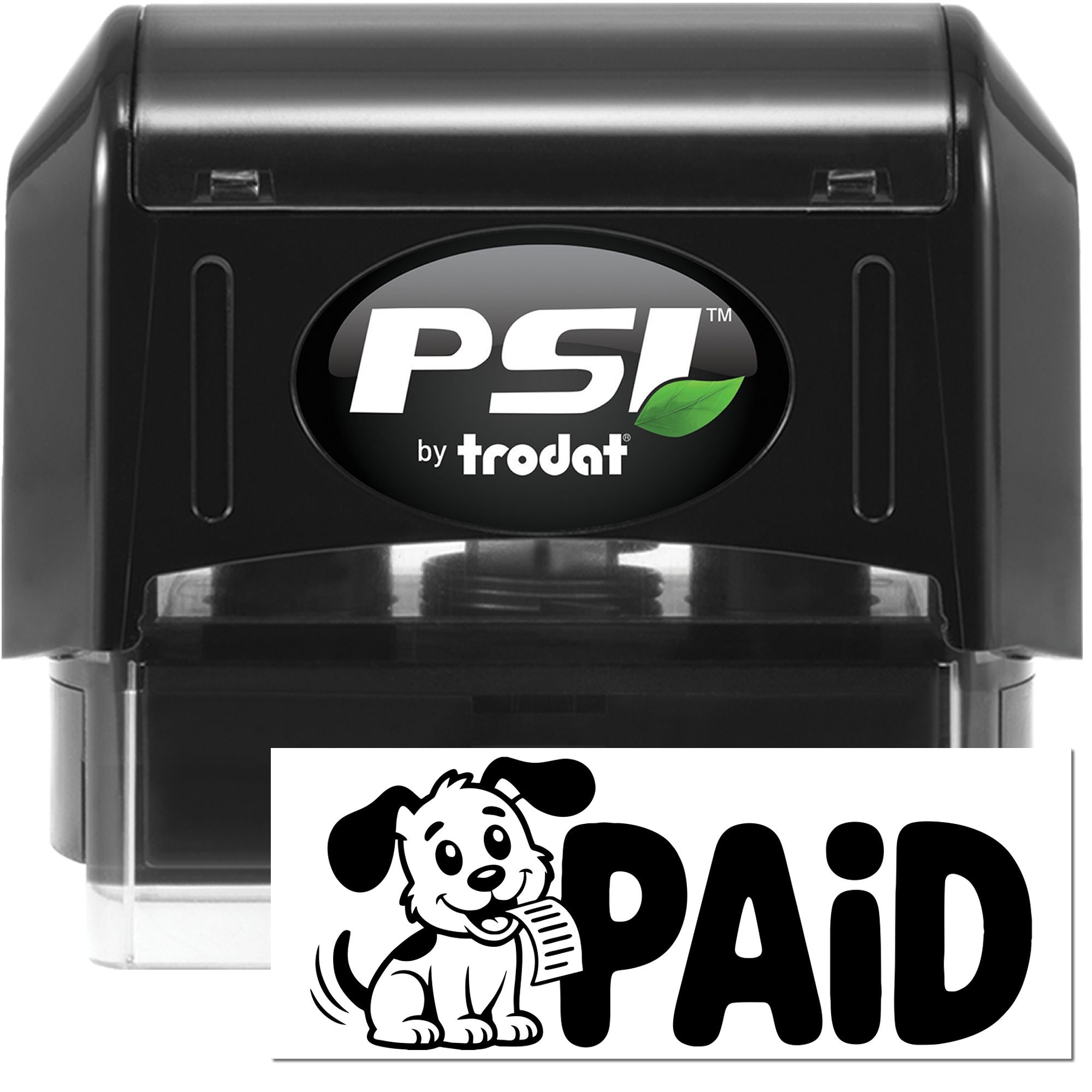PSI by Trodat self-inking rubber stamp with custom PAID impression for office paperwork, invoicing, and payment processing.