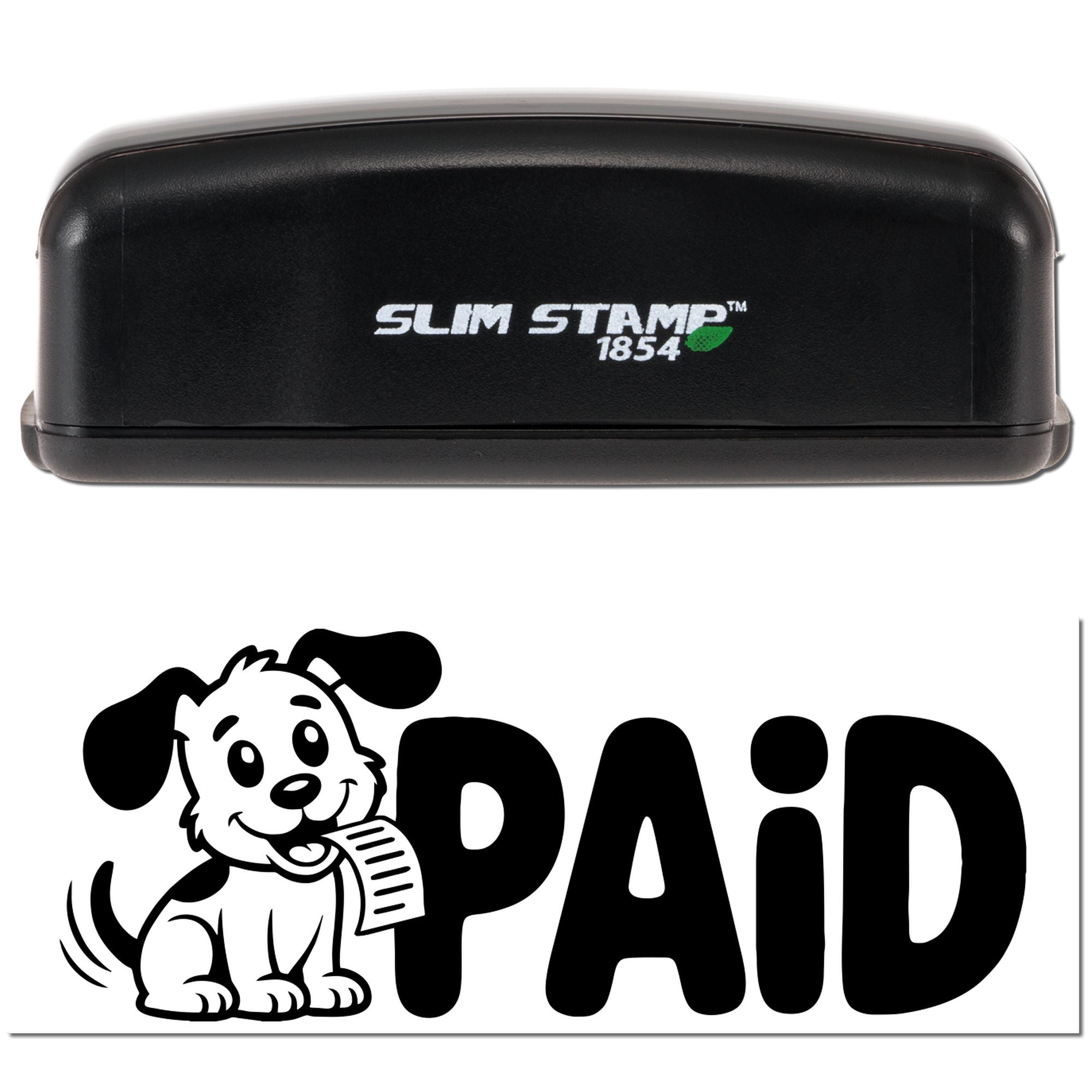Slim Stamp 1854 self-inking rubber stamp with PAID dog design for invoices, accounting, and office approval.