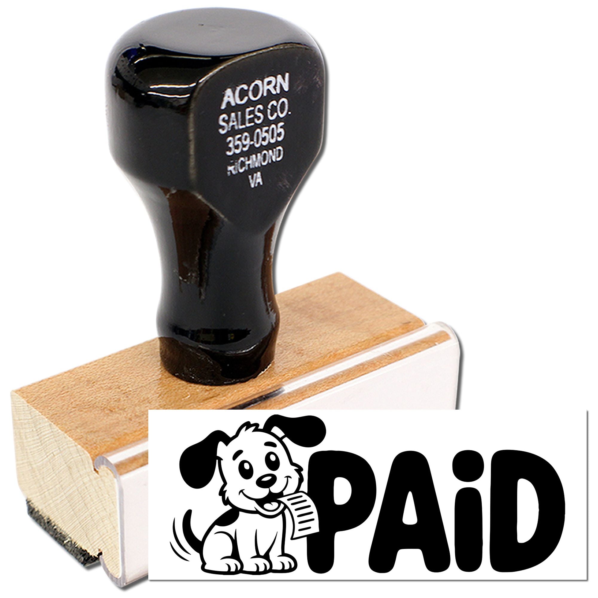 Wooden PAID rubber stamp with dog logo for marking invoices, receipts, and business paperwork.