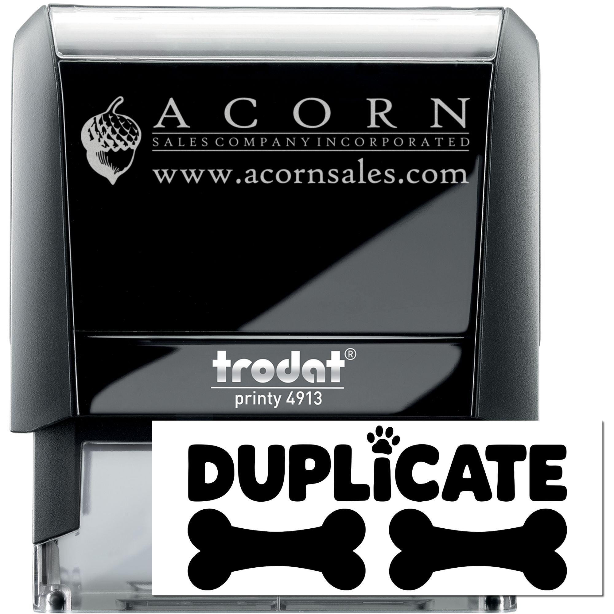 Custom self-inking business rubber stamp, Trodat Printy 4913, with Acorn Sales Company logo and website.