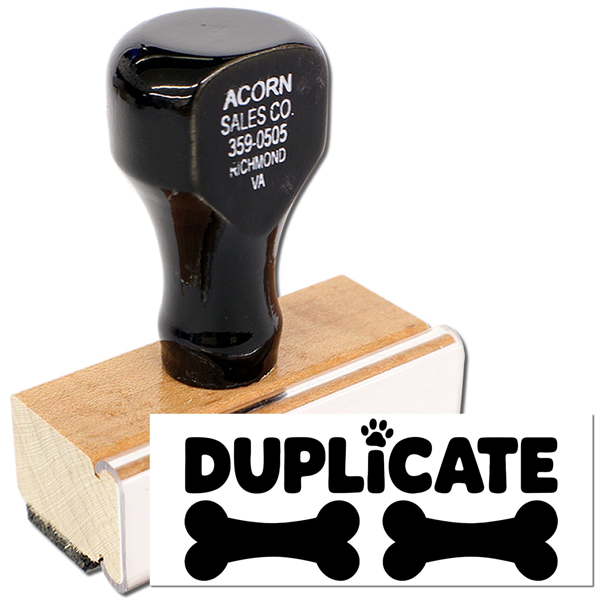Duplicate rubber stamp with bones icon and wooden handle, ideal for marking copies on pet-themed documents or packaging.