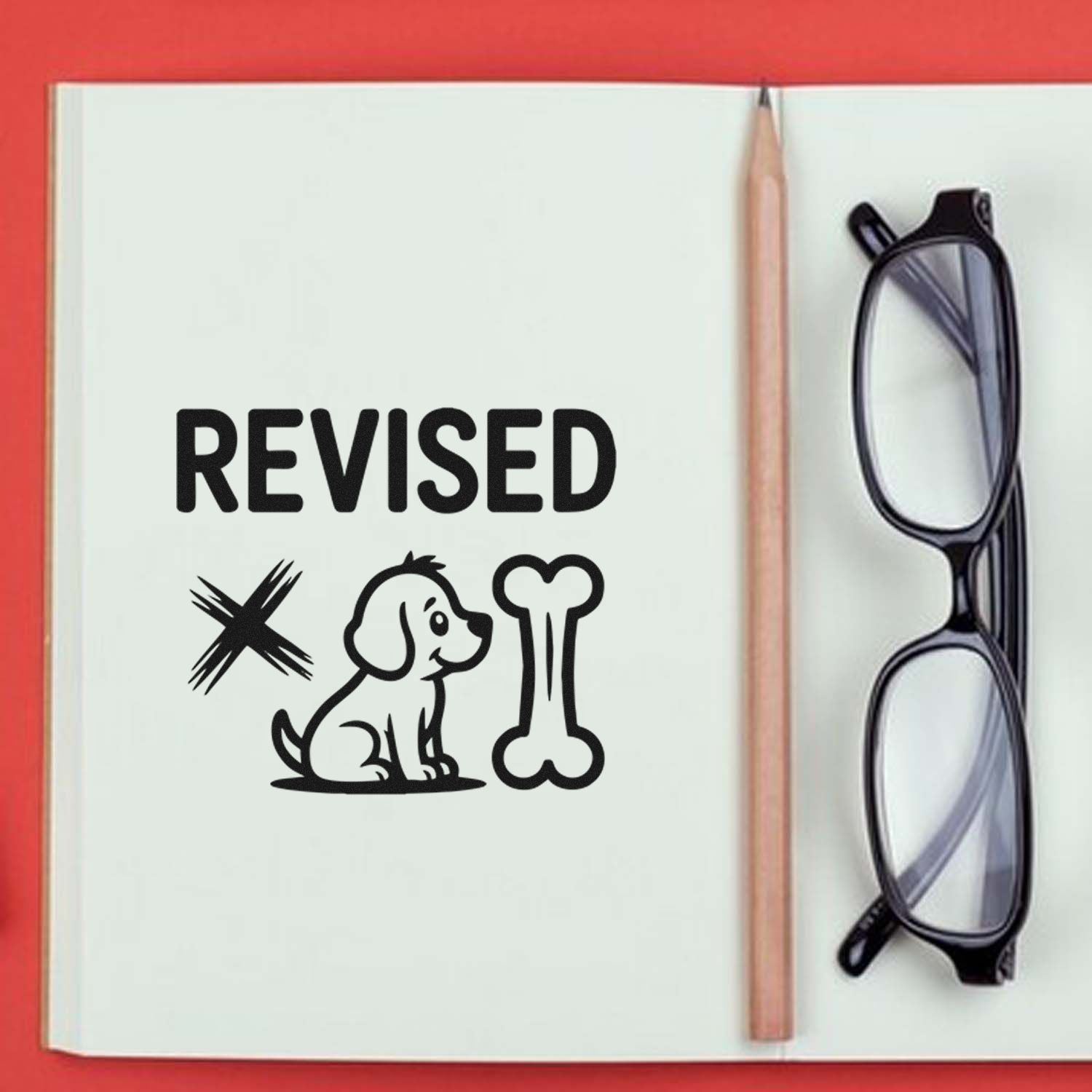 Revised rubber stamp impression with dog and bone icon on notebook page for marking edited pet documents.