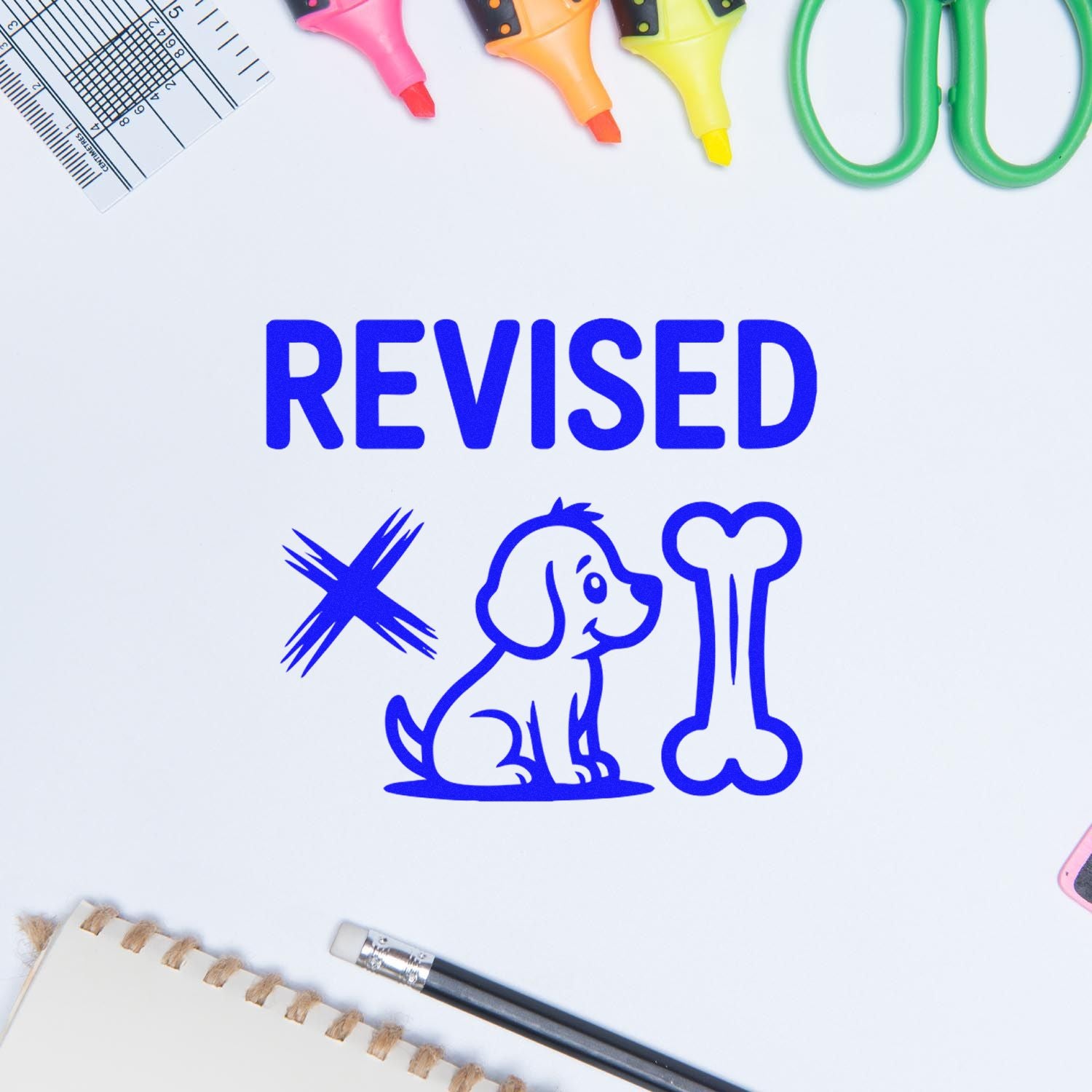 Revised rubber stamp impression with dog and bone icon, perfect for pet-themed approvals and office marking.