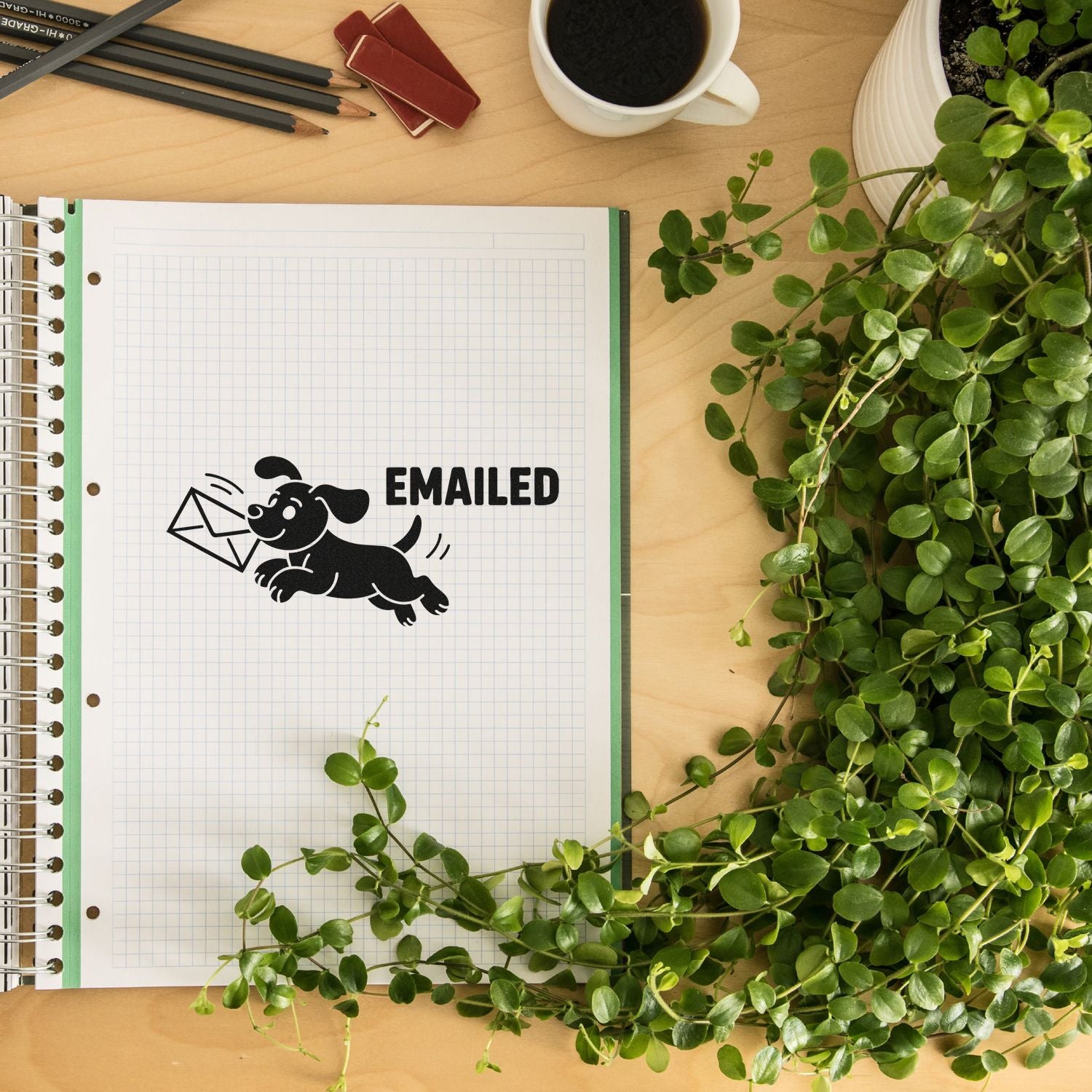 Emailed rubber stamp with dog and envelope icon for office mail tracking and stationery use.