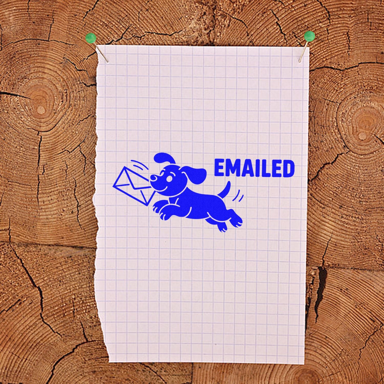 Emailed rubber stamp design with dog carrying an envelope, perfect for marking documents as emailed.