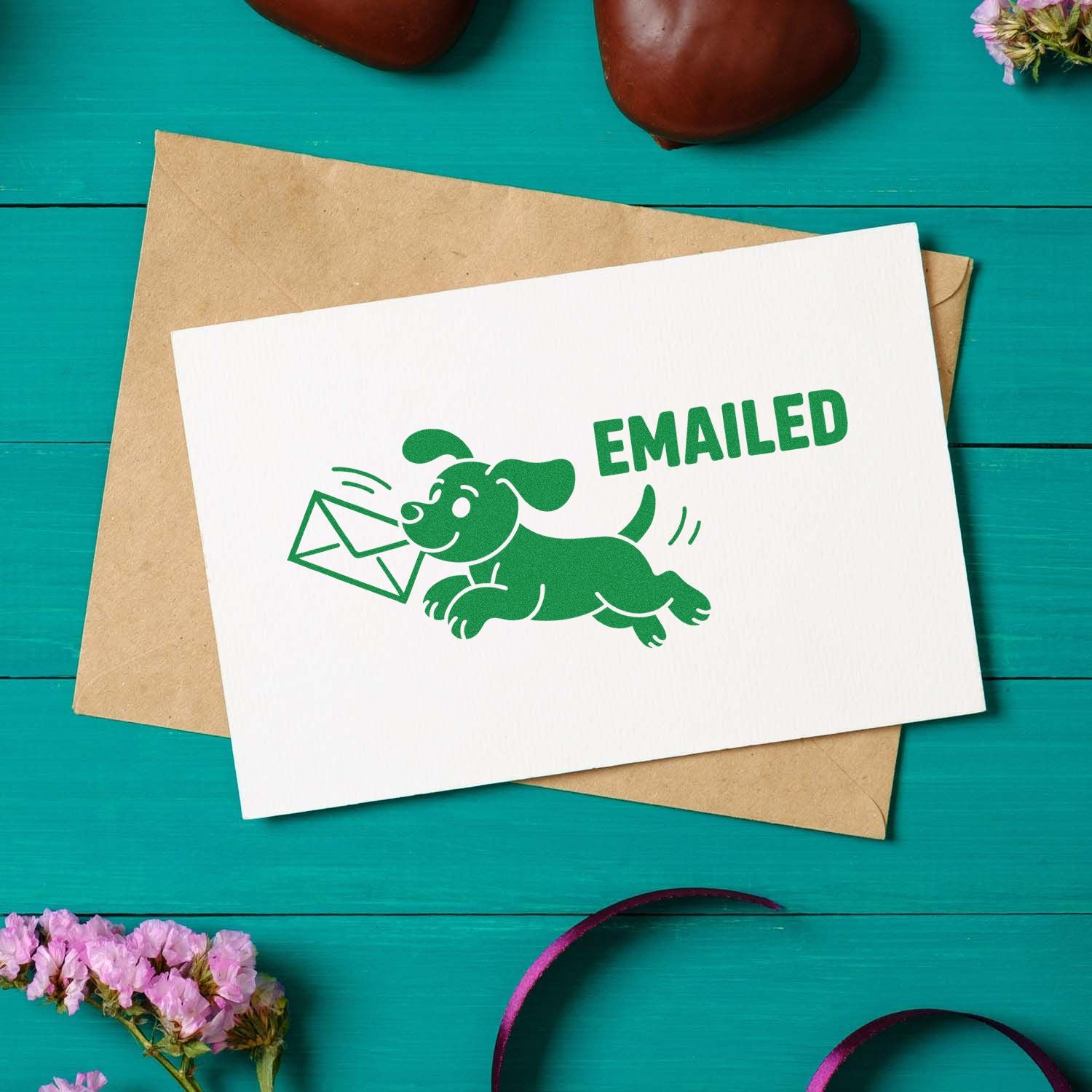 Playful emailed dog rubber stamp for greeting cards, featuring a puppy carrying an envelope.