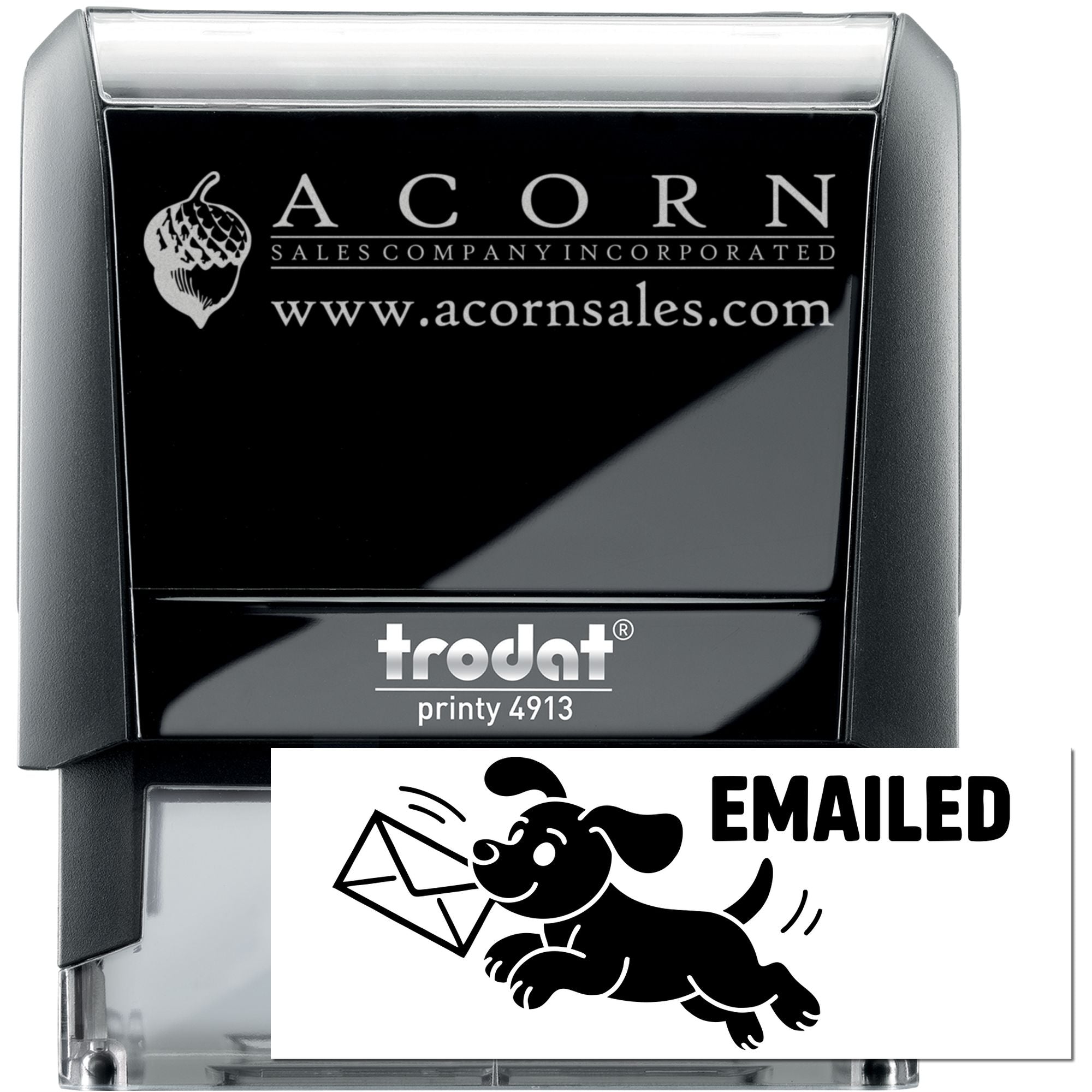 Trodat Printy 4913 custom self-inking rubber stamp with Emailed dog design for office mail and document tracking.
